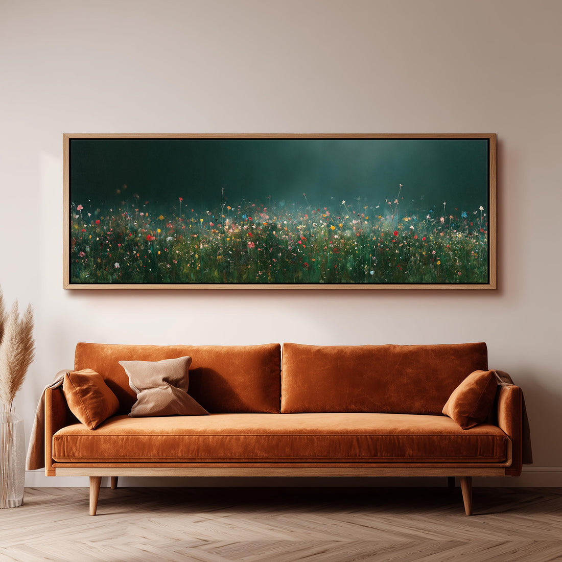 Wildflowers glowing at twilight long horizontal canvas print above a sofa in a living room