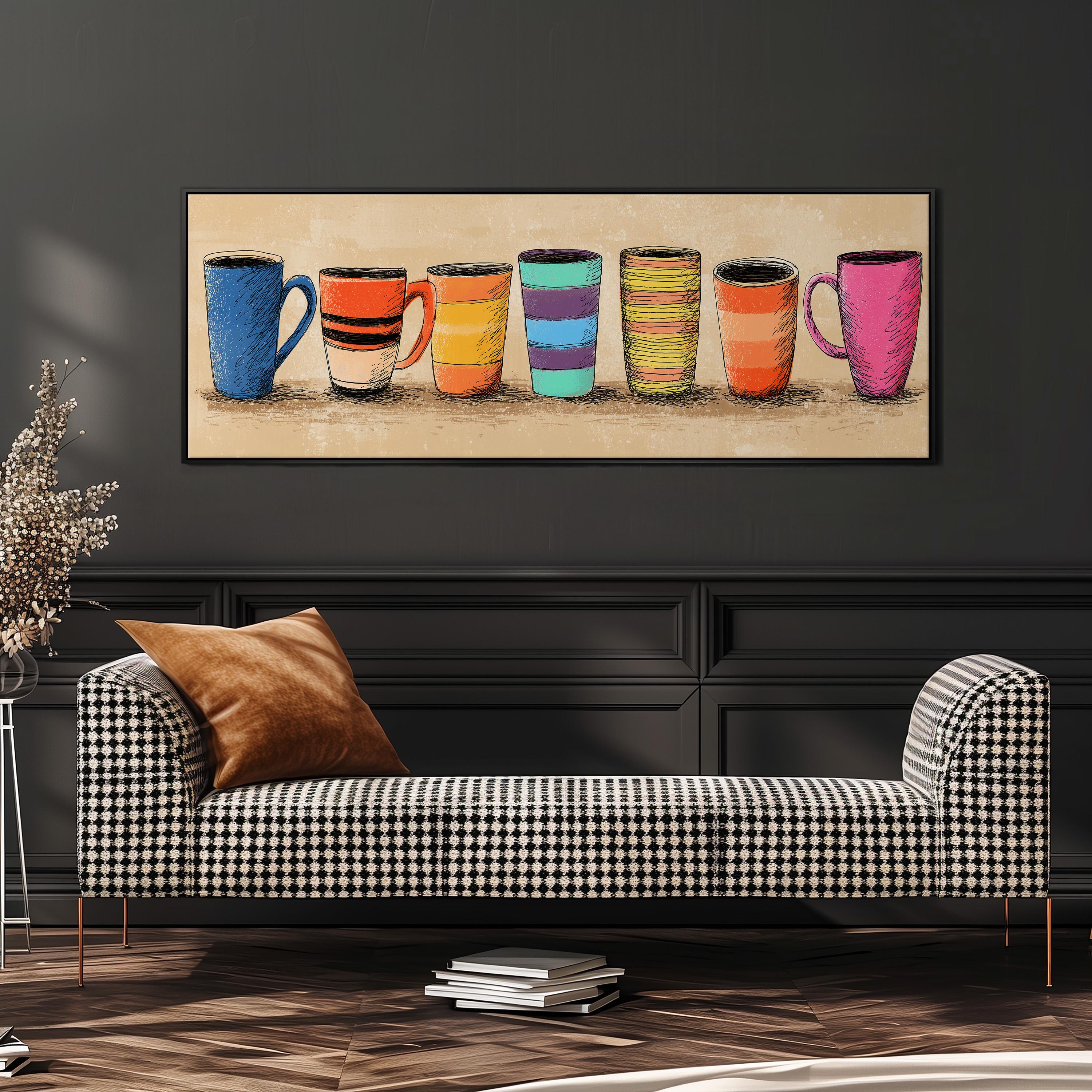 a cozy living room with a black and white checkered sofa, a stack of books, and a large framed artwork depicting a row of colorful mugs on the wall.