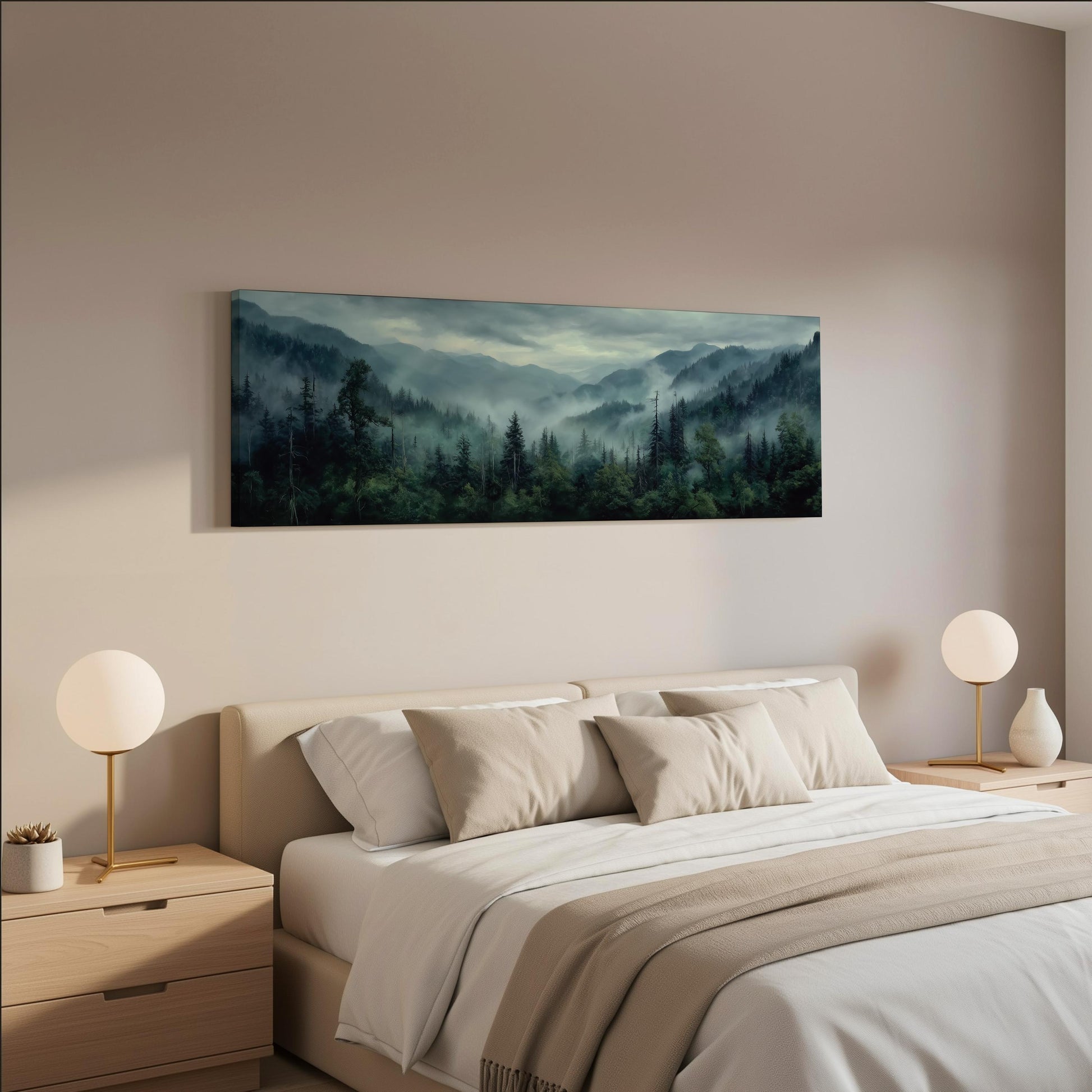 a serene bedroom scene with a large bed adorned with white linens and beige pillows, flanked by two white lamps on nightstands. Above the bed hangs a large landscape painting depicting a misty mountain range.