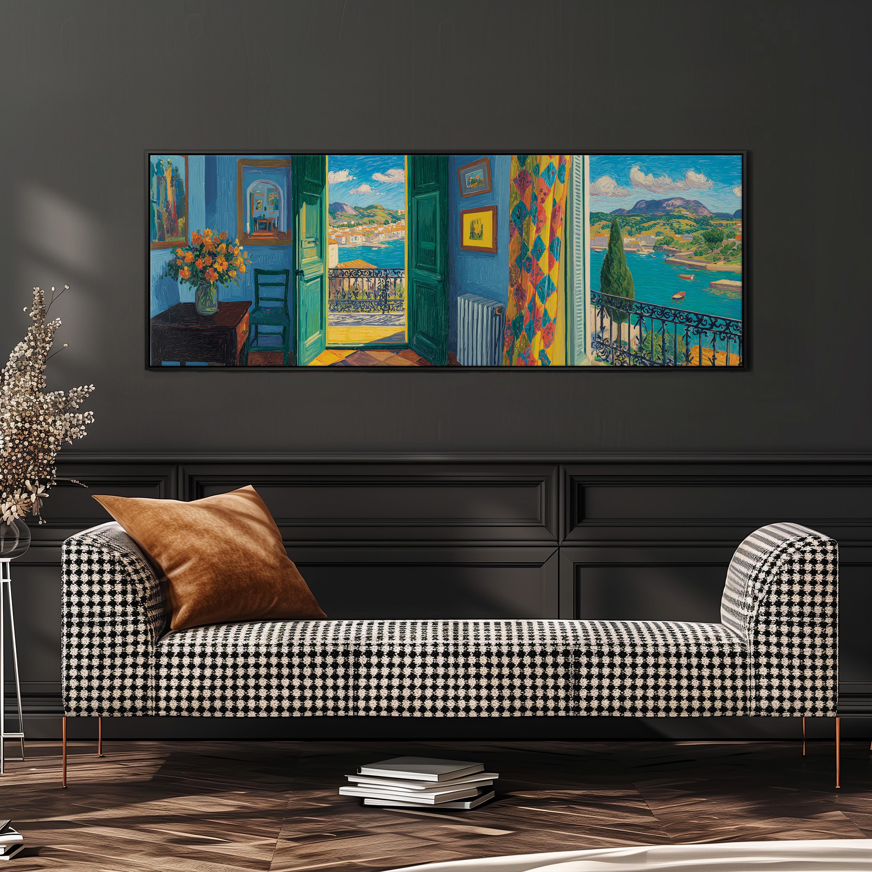 a large, colorful painting of a room with a checkered sofa, a vase of flowers, and a balcony overlooking a scenic landscape.