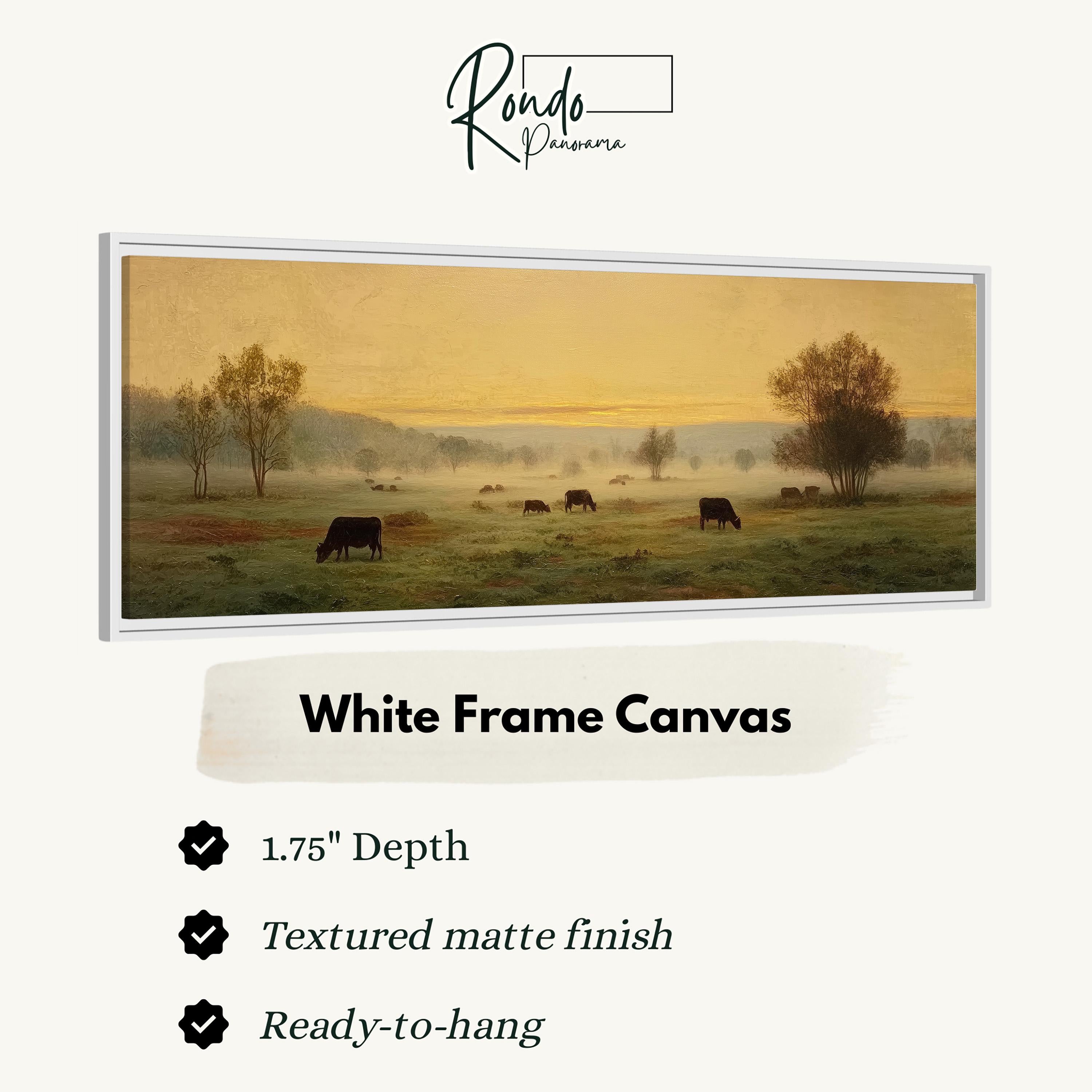 The image is a white frame canvas depicting a pastoral scene with cows grazing in a field.