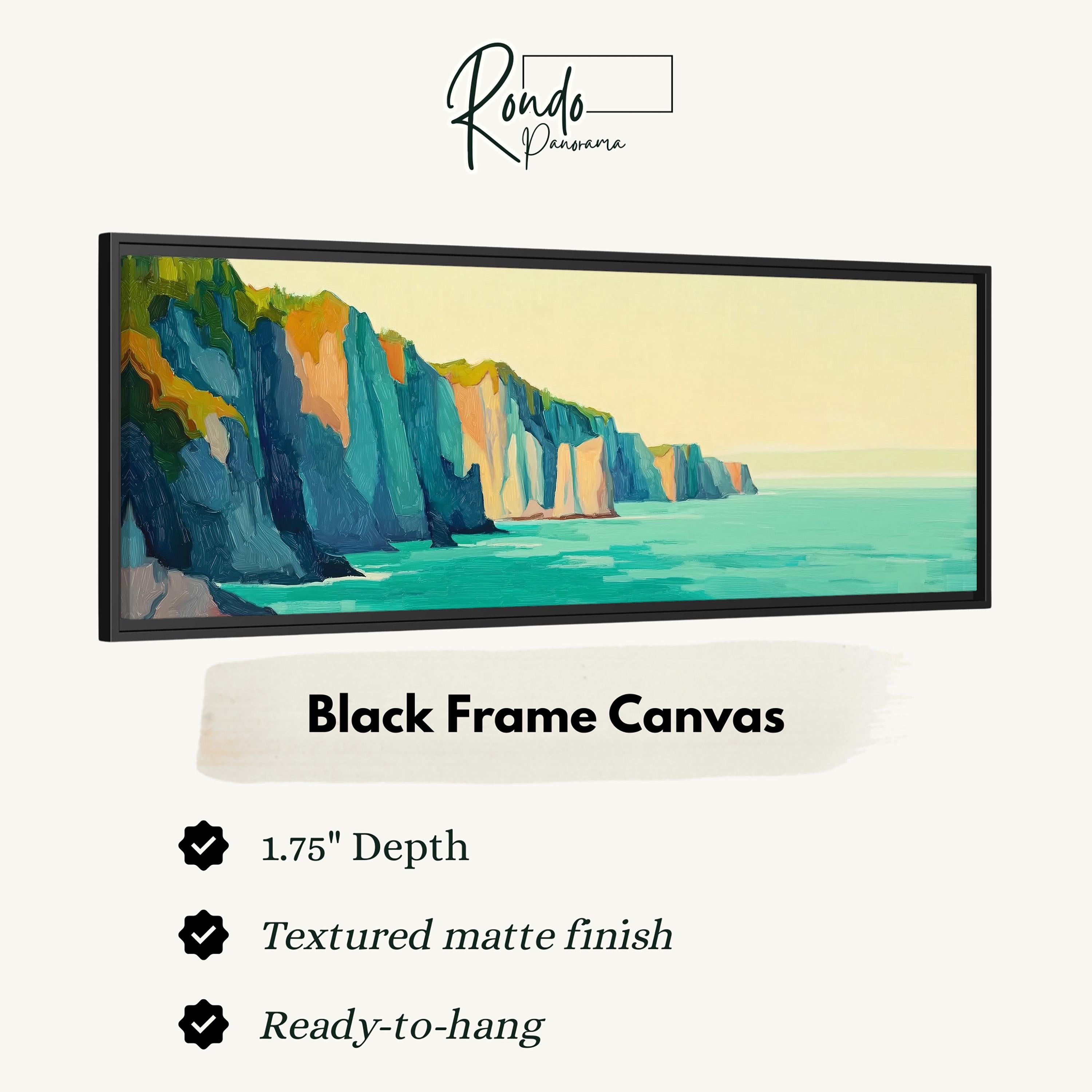 The image is a black frame canvas depicting a serene landscape with cliffs overlooking a body of water.