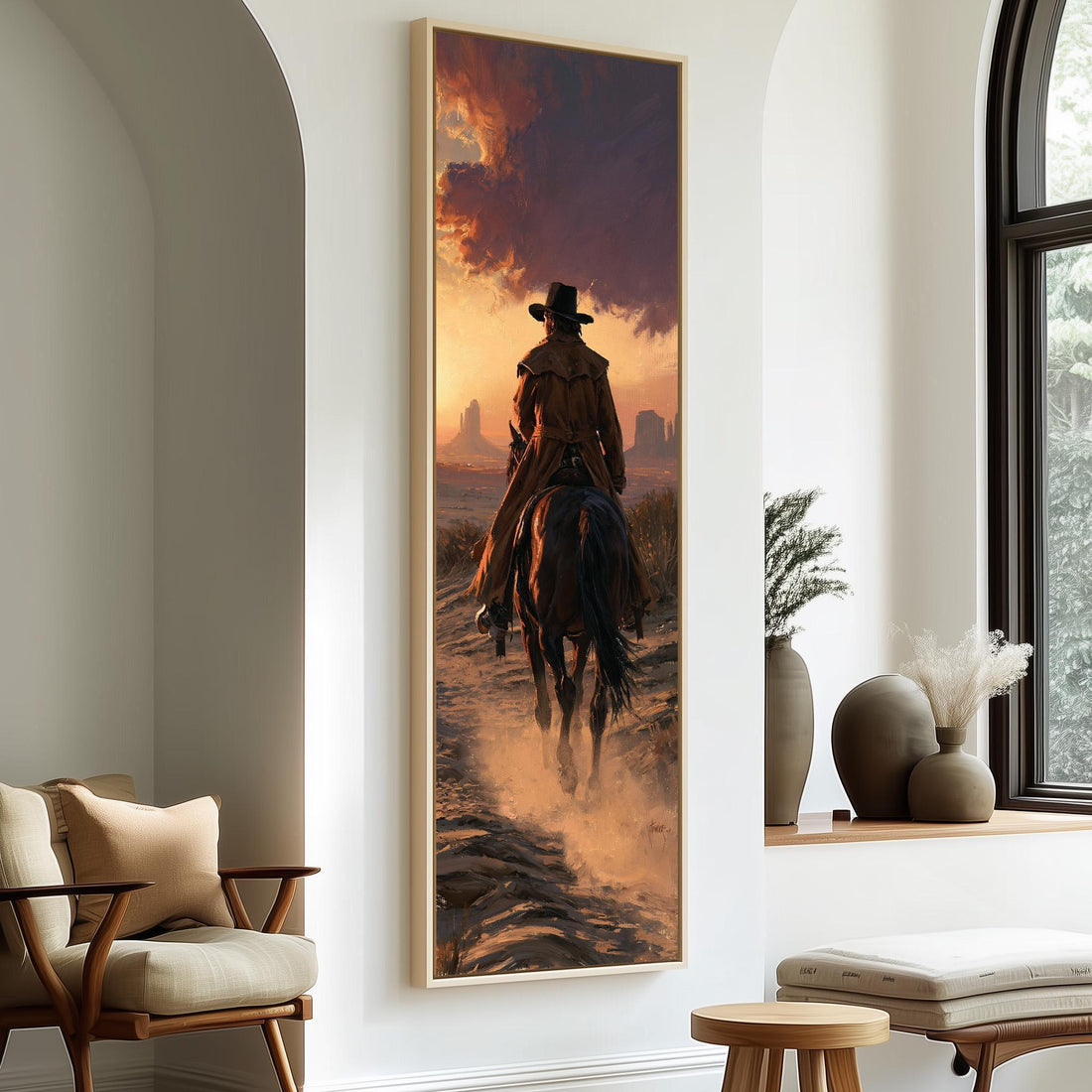 Cowboy riding through Monument Valley at sunset long vertical canvas print in a sunlit living space
