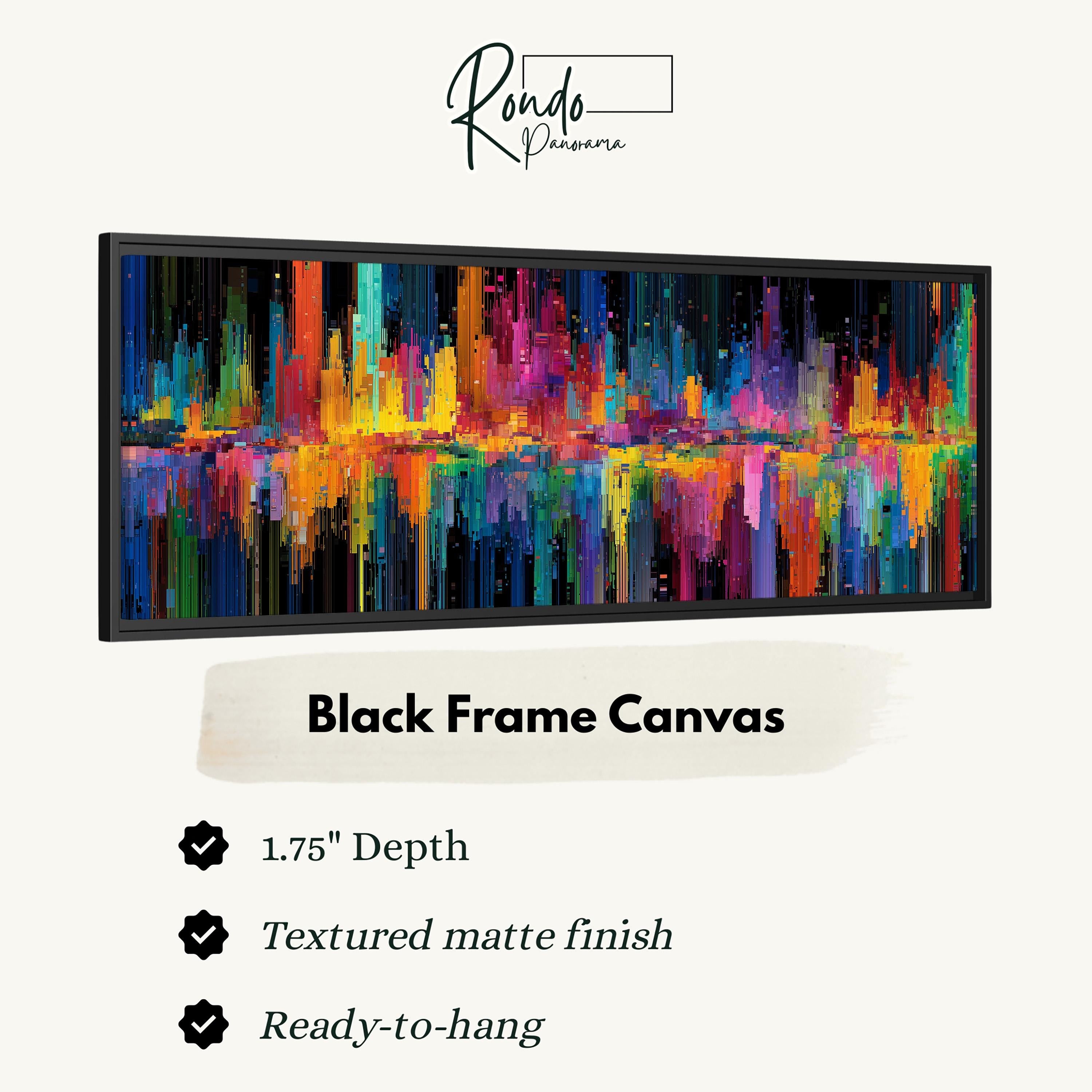 The image is a black frame canvas with a vibrant, abstract cityscape painting on it.