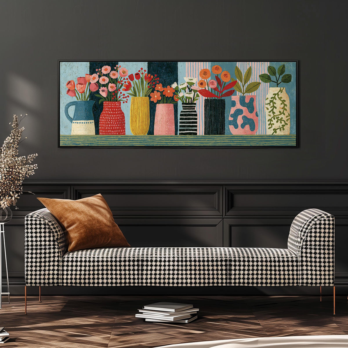 Row of folk art flower vases wide panoramic canvas print above a bench in a dark living room
