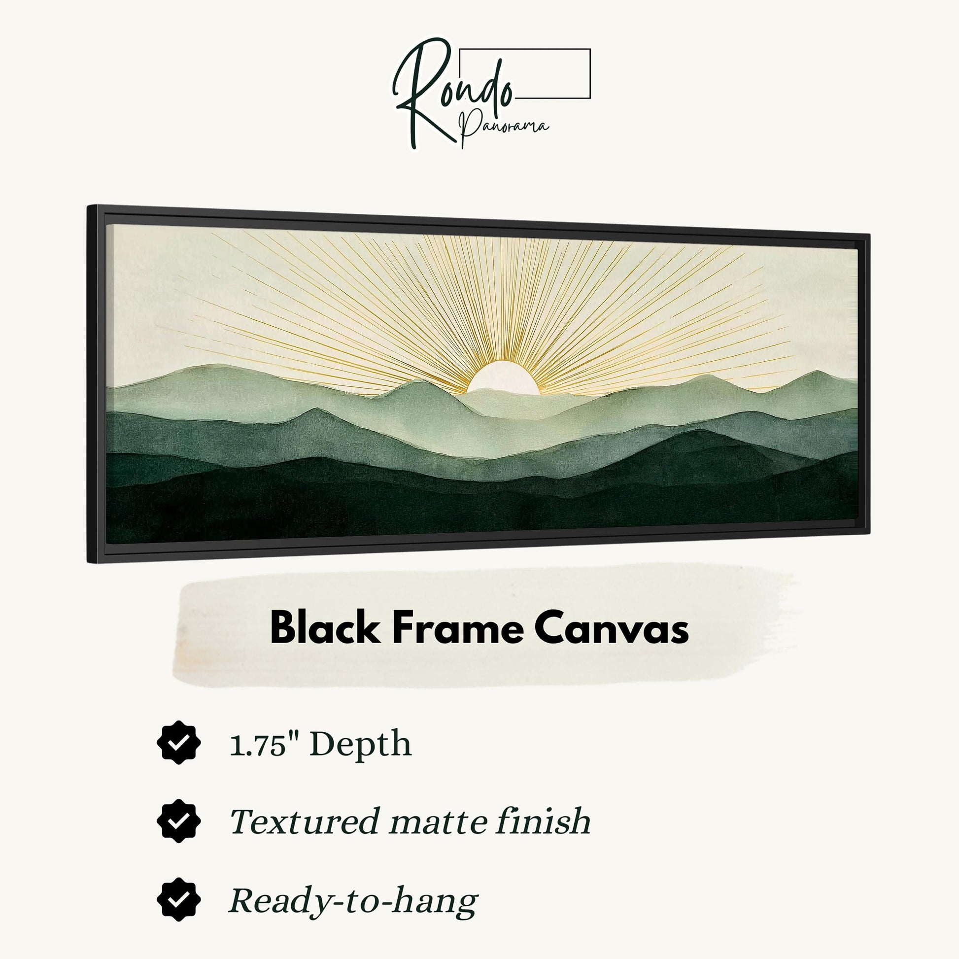 The image is a black frame canvas depicting a landscape with mountains and a sun rising over the horizon.