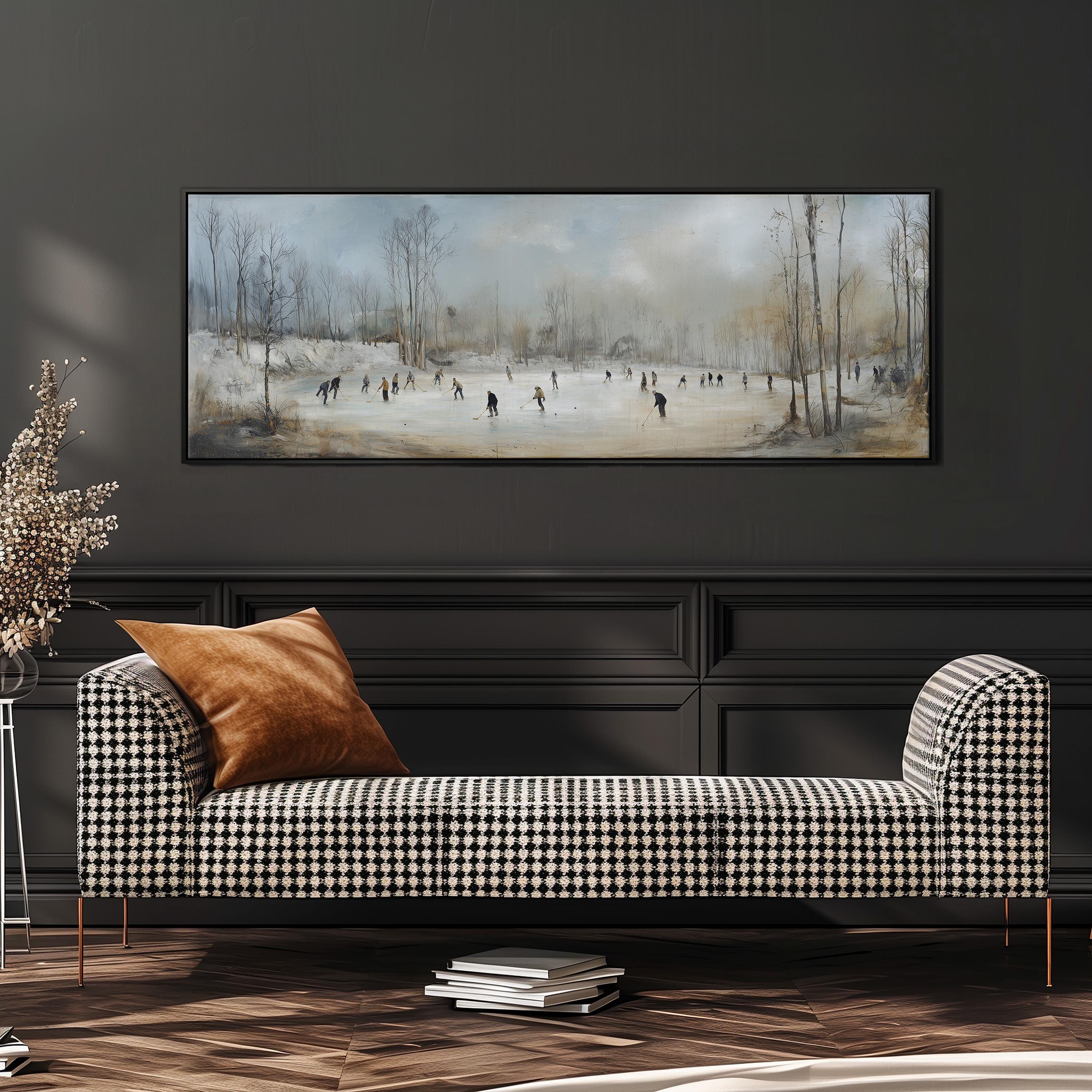 a cozy living room with a black and white checkered sofa, a stack of books, and a large painting of people playing ice hockey on a frozen lake.