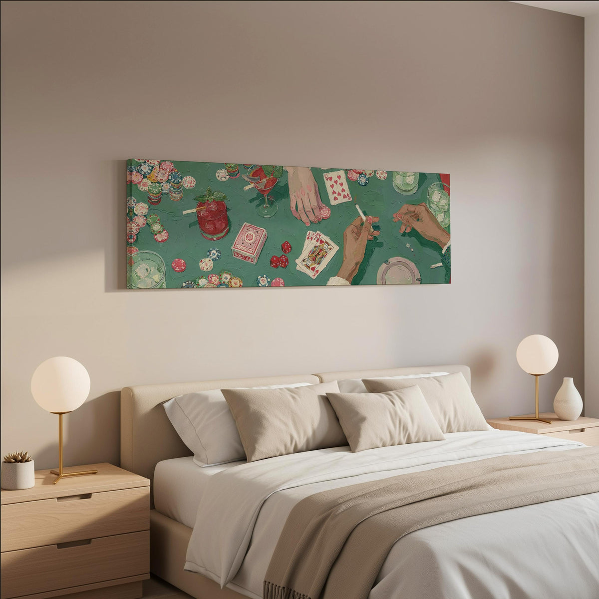 Vintage card game on green felt wide panoramic canvas print above a bed in a neutral bedroom