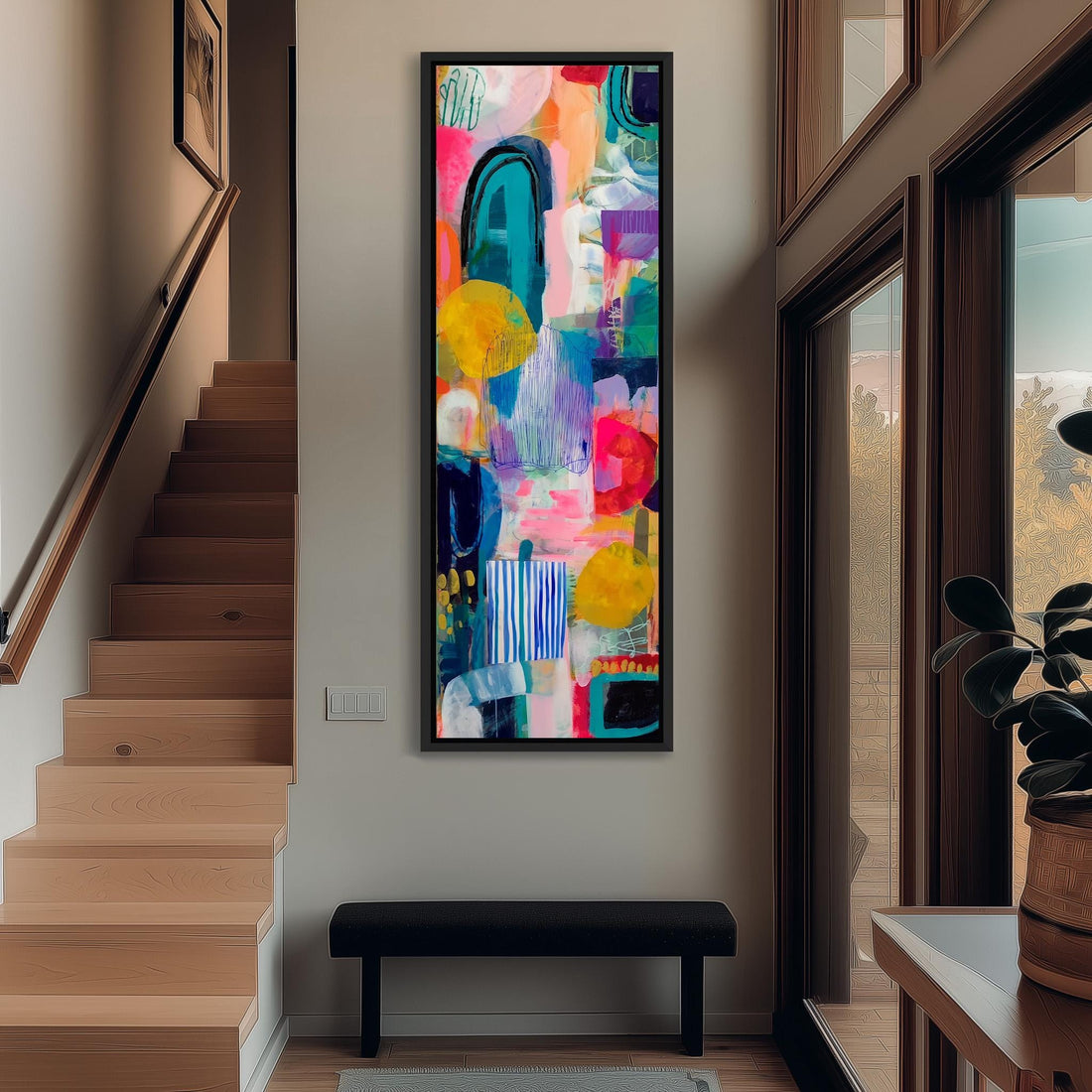 a large, colorful abstract painting hanging on a wall in a room with wooden furniture.