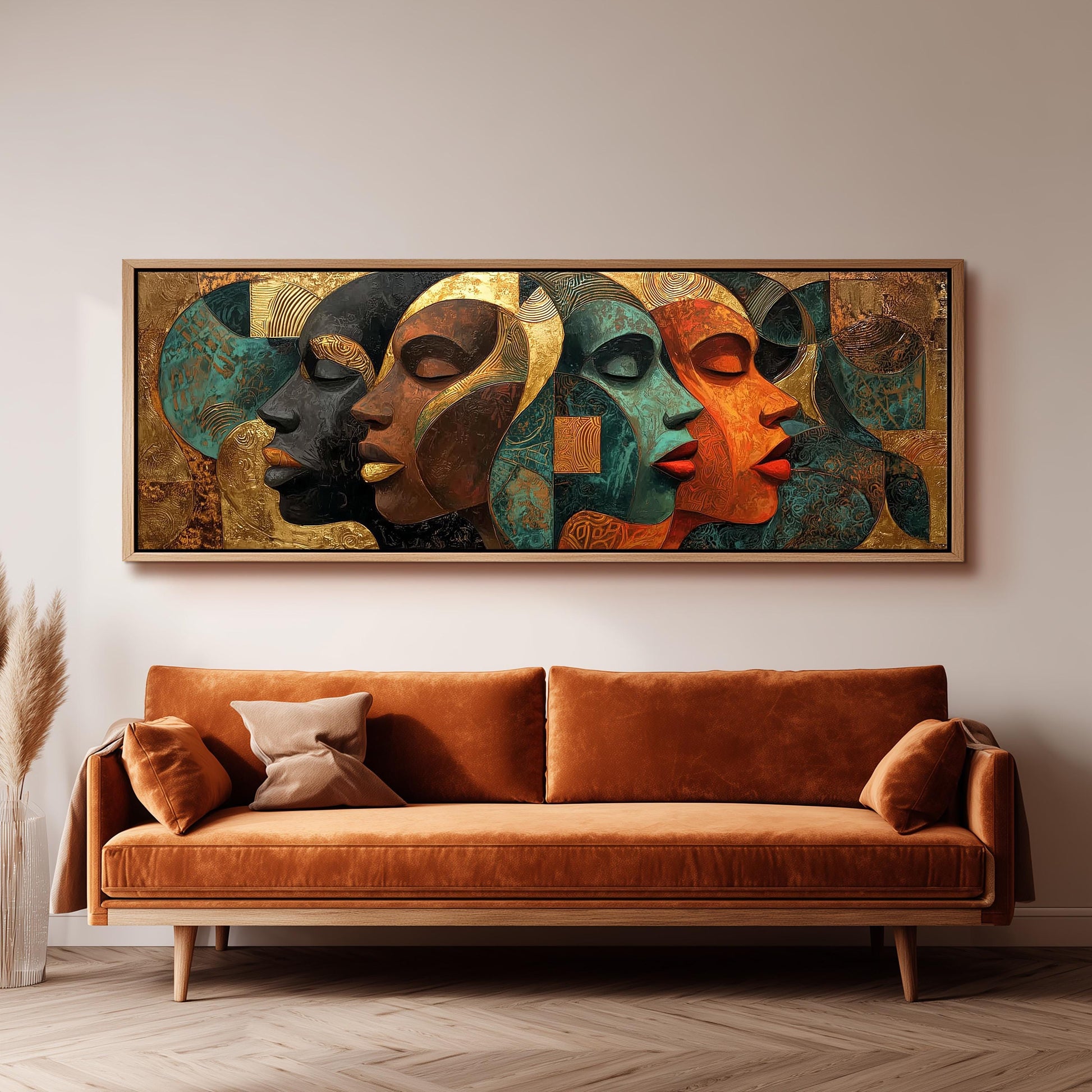 a large abstract painting hanging on a wall above a brown sofa.