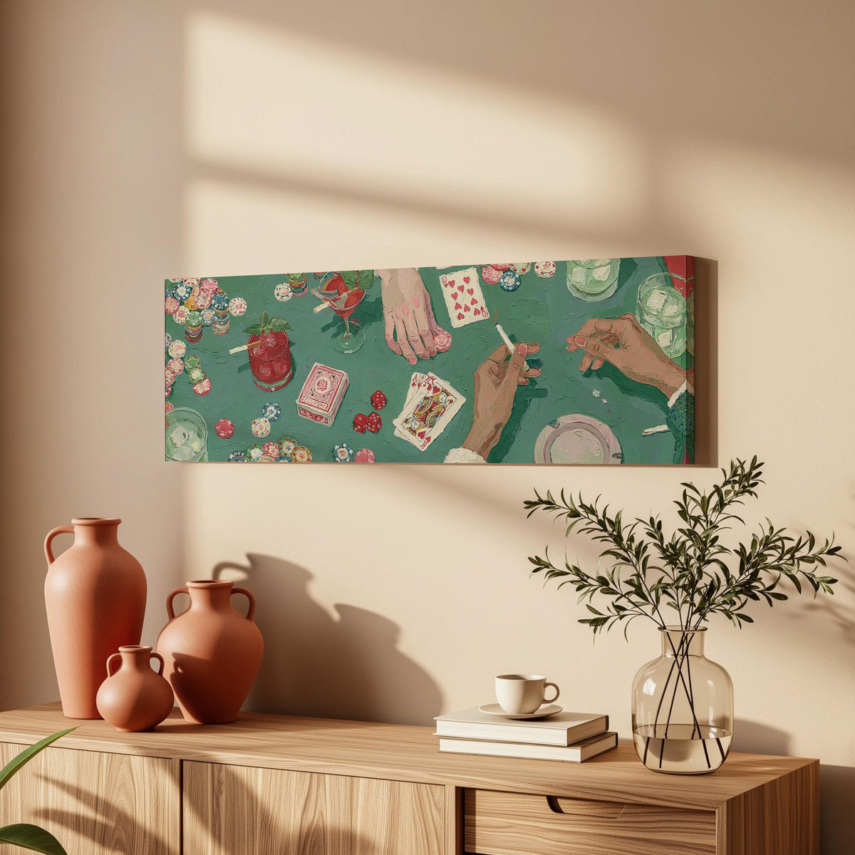 Vintage card game on green felt long horizontal canvas print above a wooden sideboard
