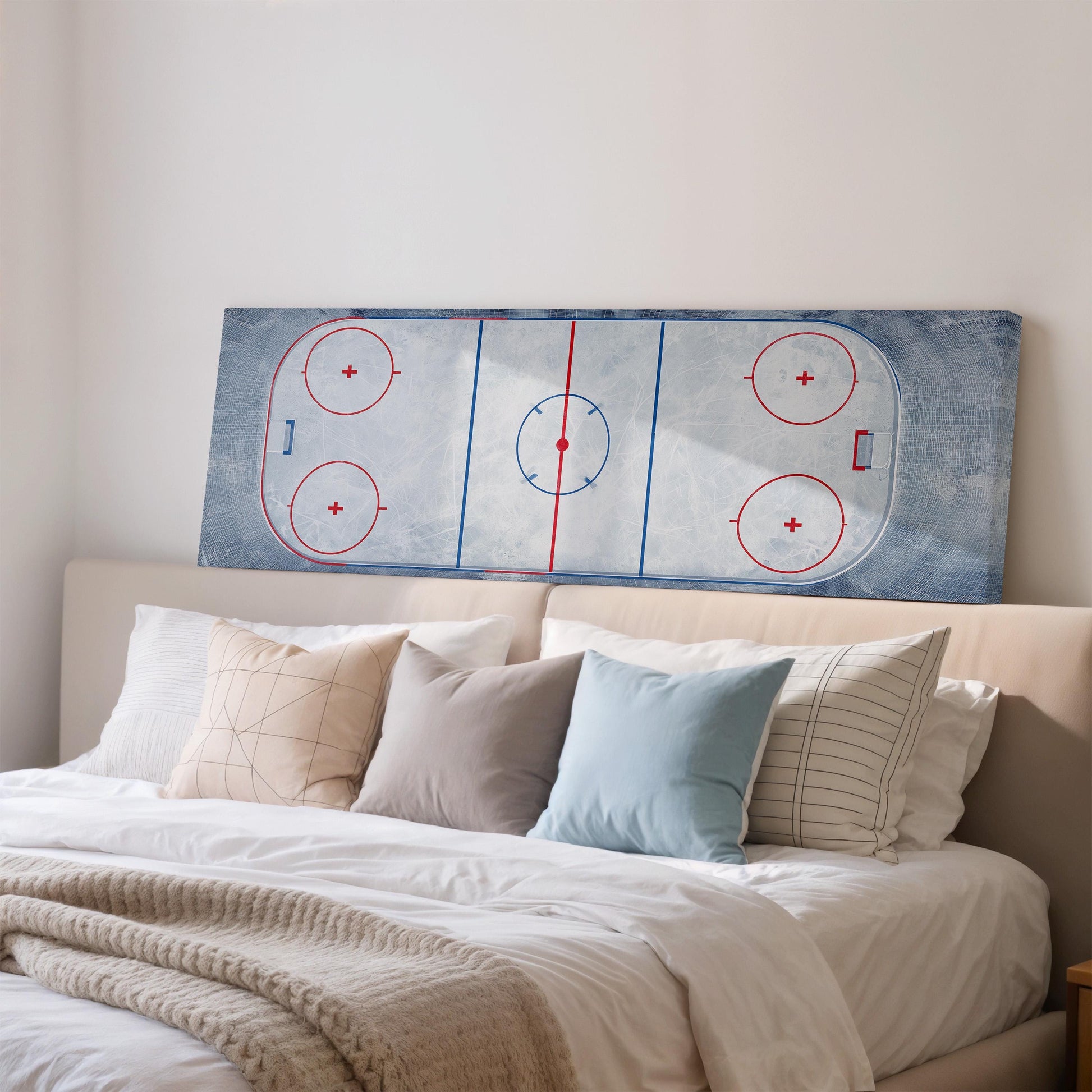 a bedroom with a bed and a hockey rink painted on the wall above it.
