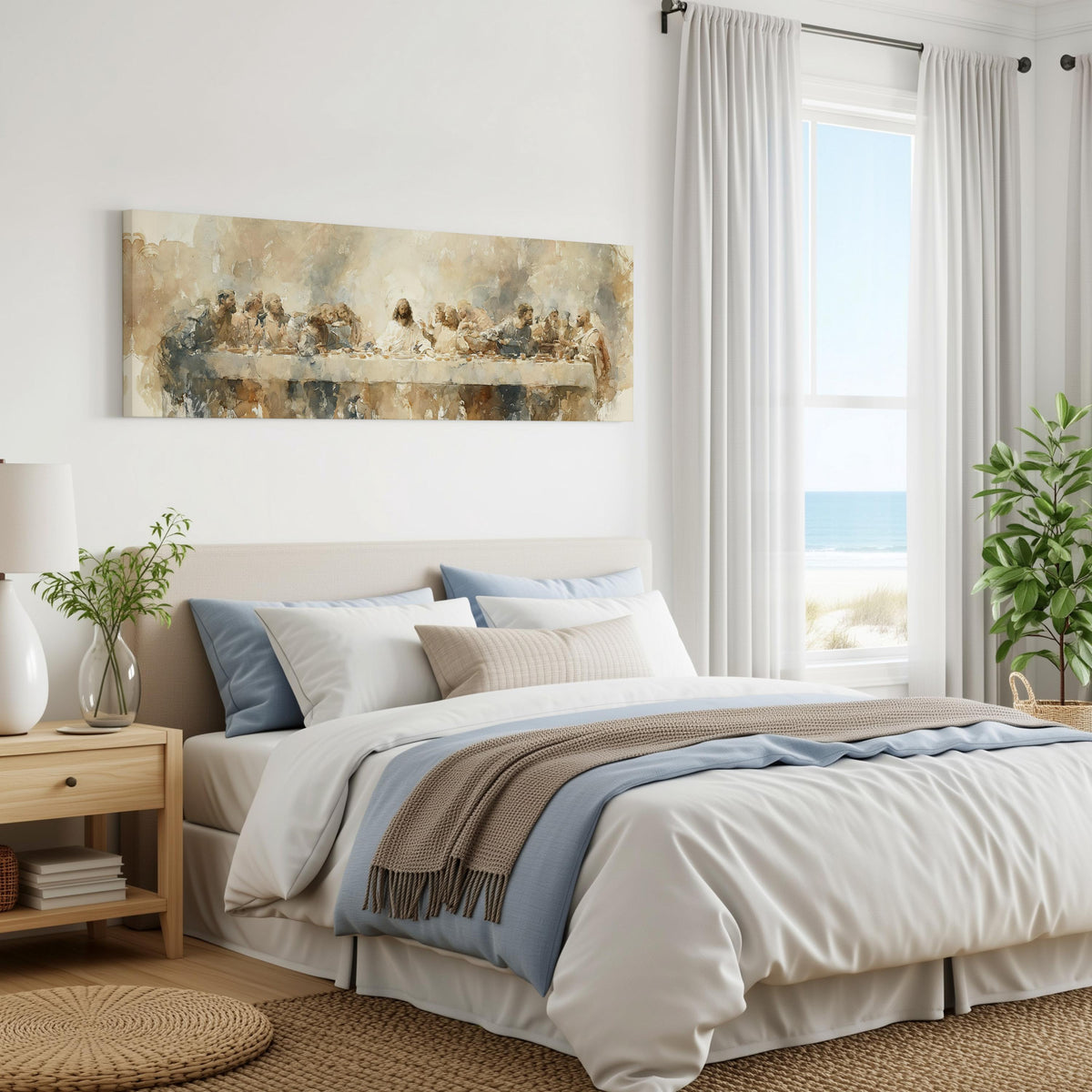 The Last Supper in soft gold tones panoramic canvas print above a bed in a coastal bedroom