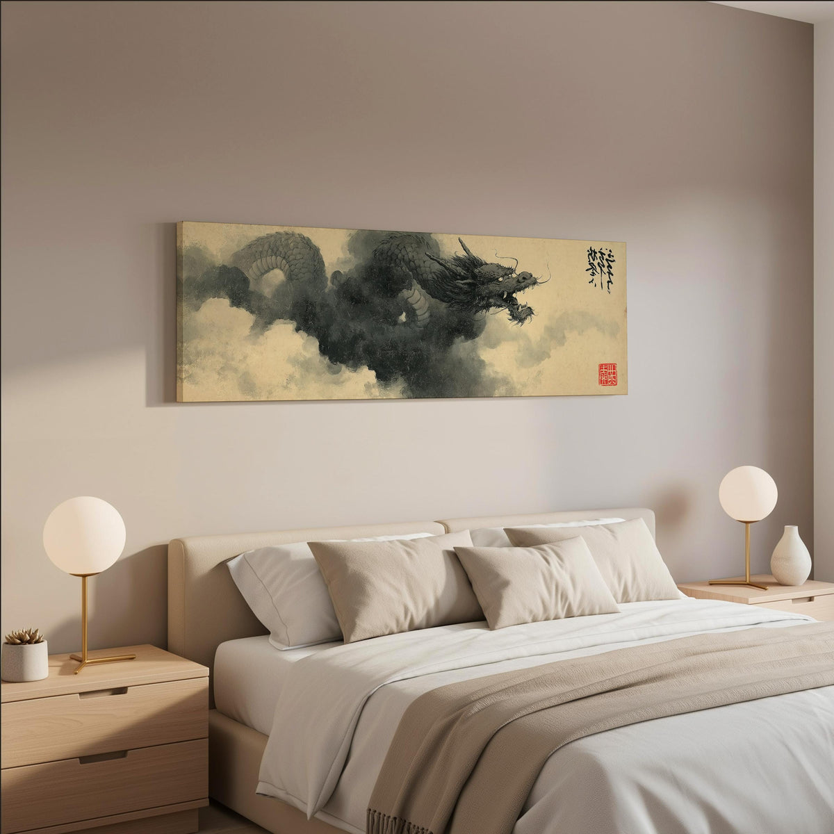 Storm dragon emerging from ink clouds long horizontal canvas print displayed on a wall