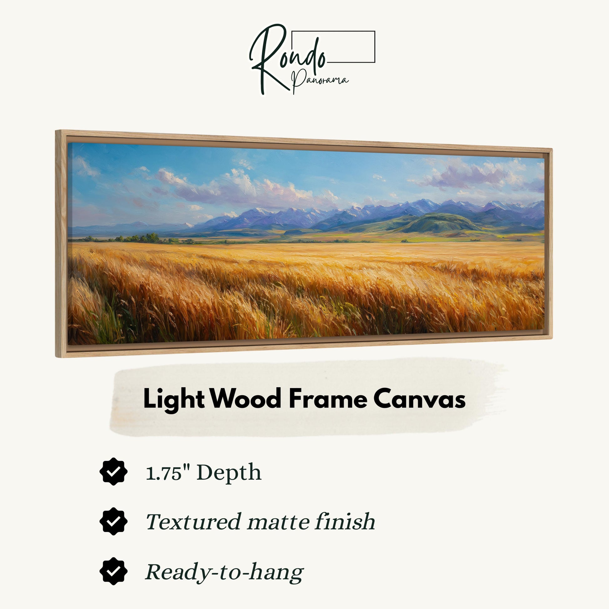 The image is a light wood frame canvas depicting a serene landscape of a field of golden wheat under a blue sky with clouds.