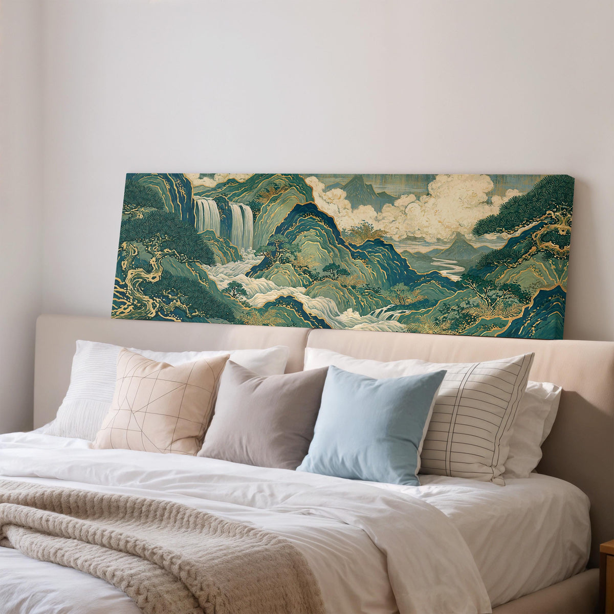 Emerald waterfall mountains with gold lines wide panoramic canvas print above a bed in a bedroom