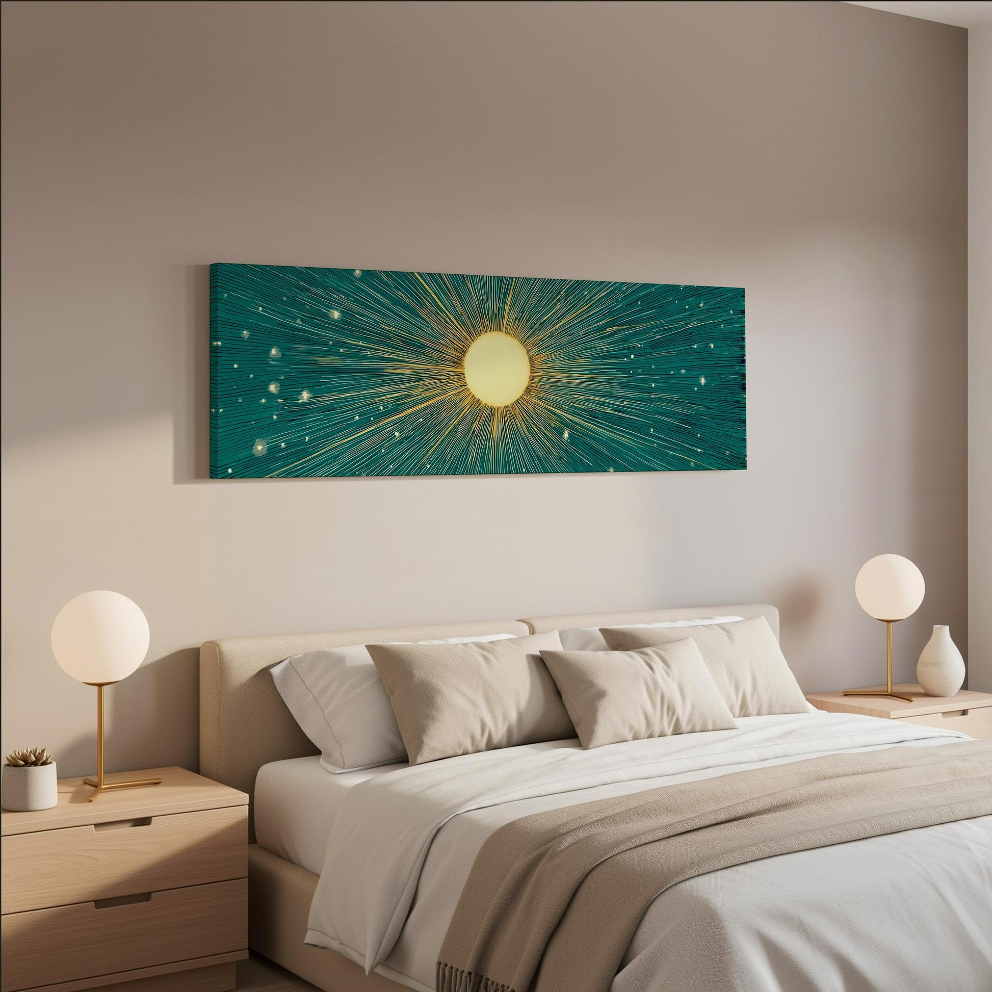 a modern bedroom with a large bed, two nightstands with lamps, and a large abstract painting hanging on the wall above the bed.