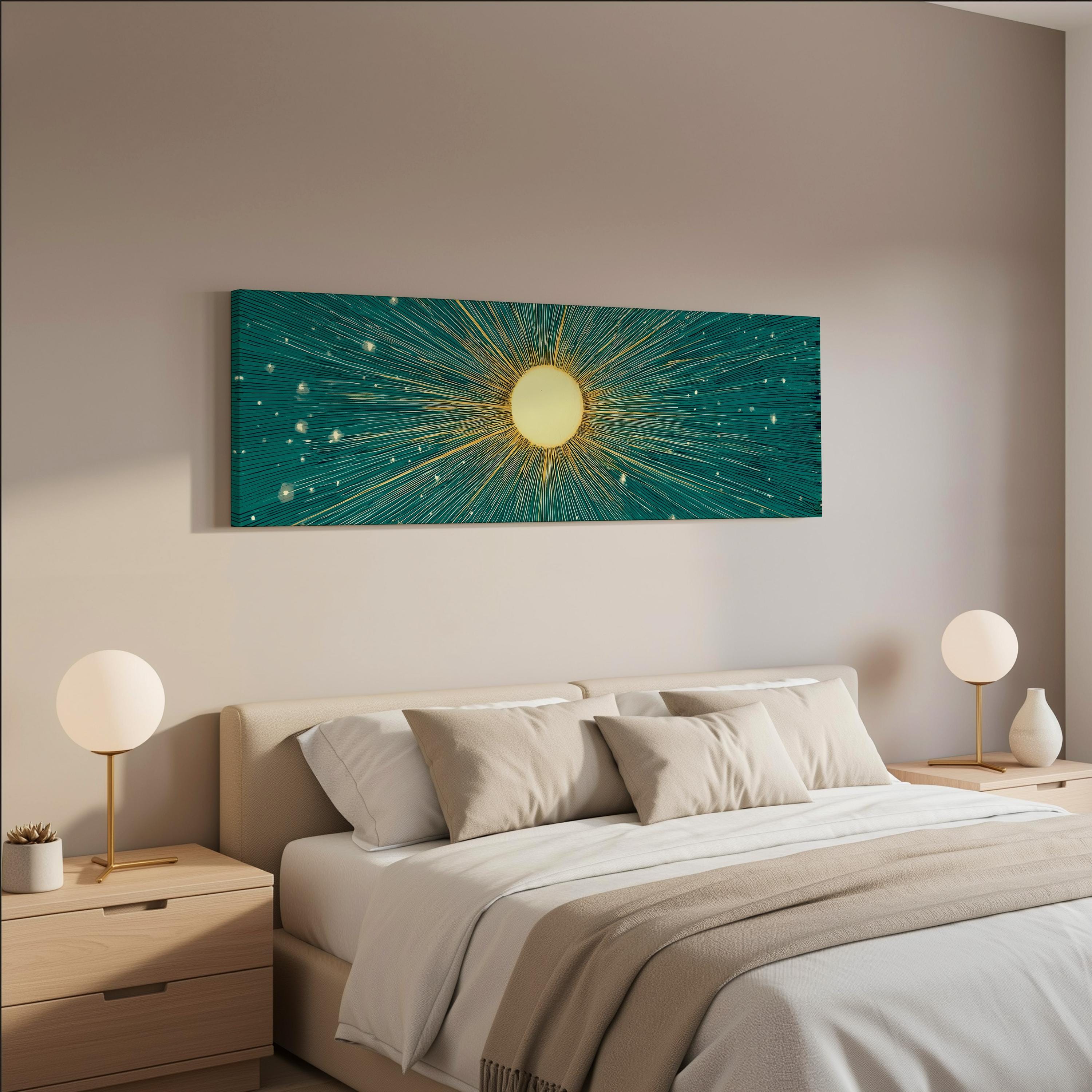 a modern bedroom with a large bed, two nightstands with lamps, and a large abstract painting hanging on the wall above the bed.