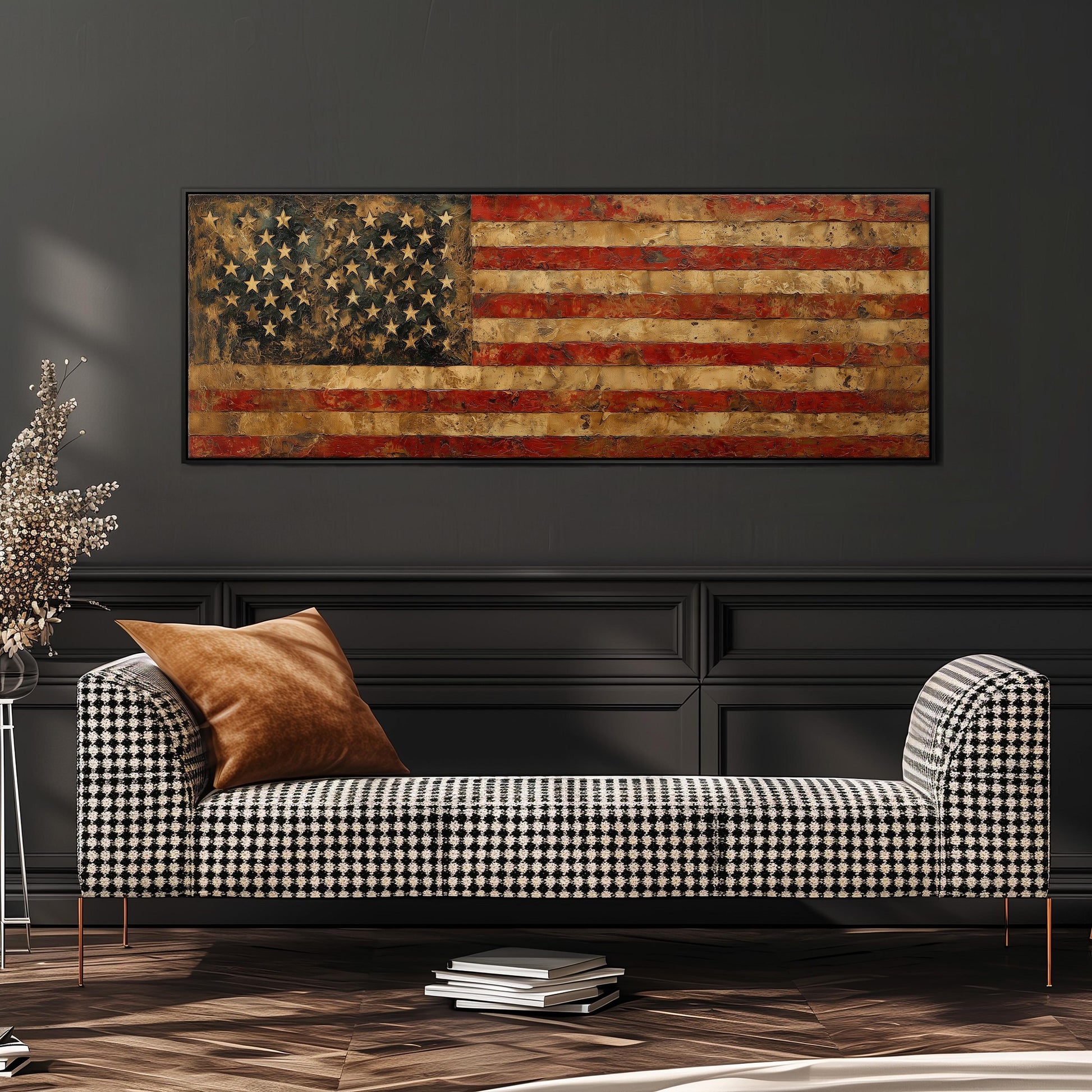a large American flag painted on a wall above a black and white checkered sofa with a brown throw pillow.