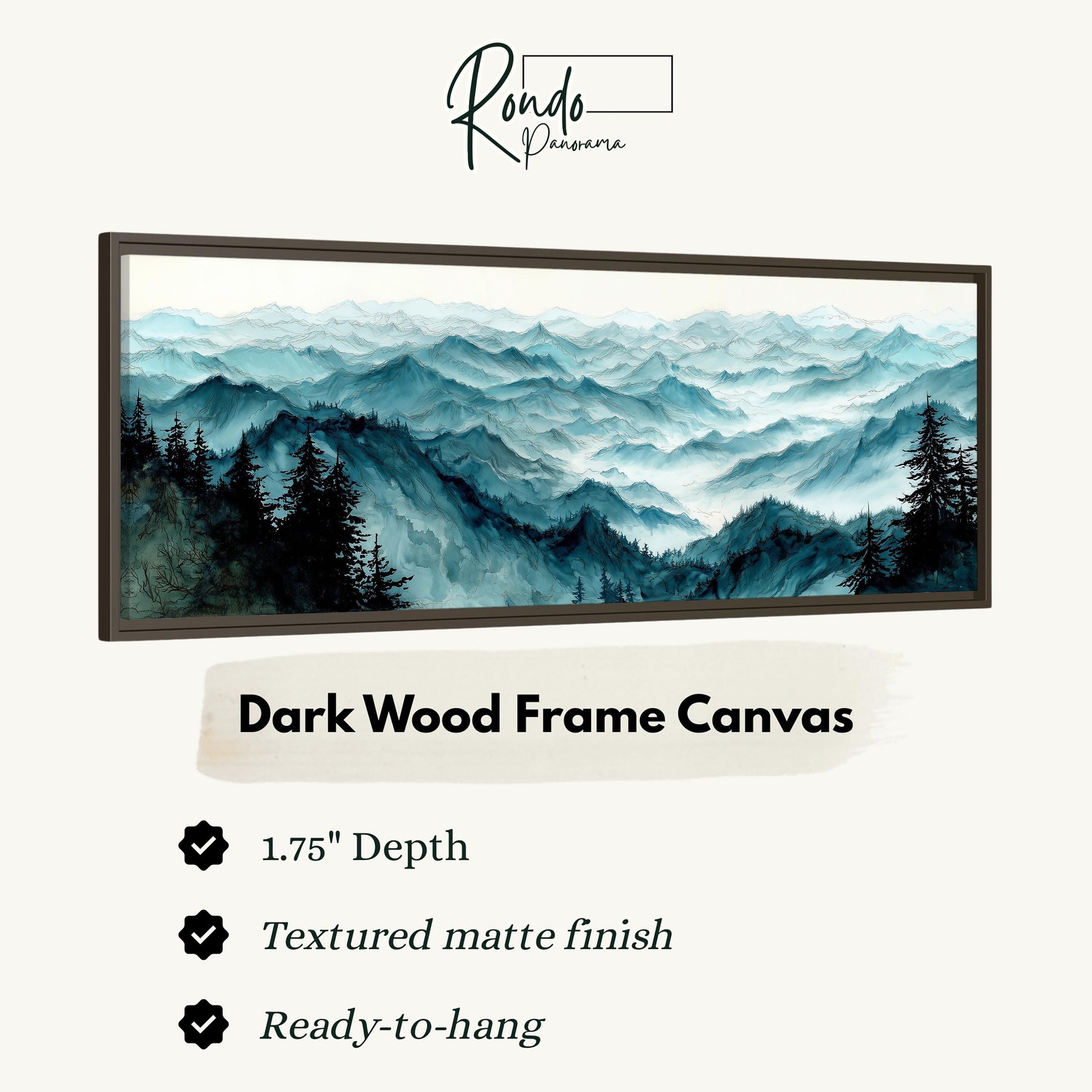The image is a framed artwork depicting a mountainous landscape with pine trees.
