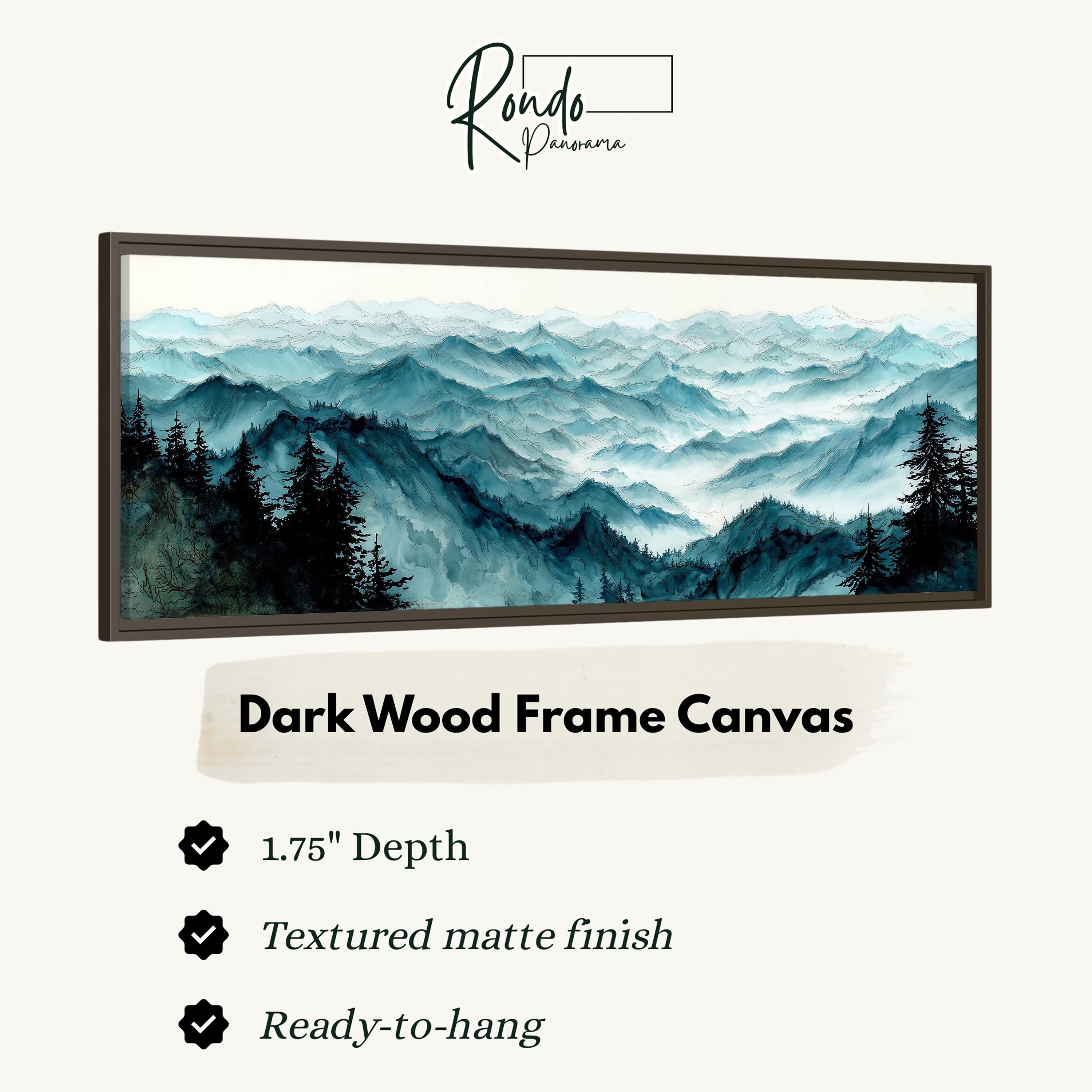The image is a framed artwork depicting a mountainous landscape with pine trees.