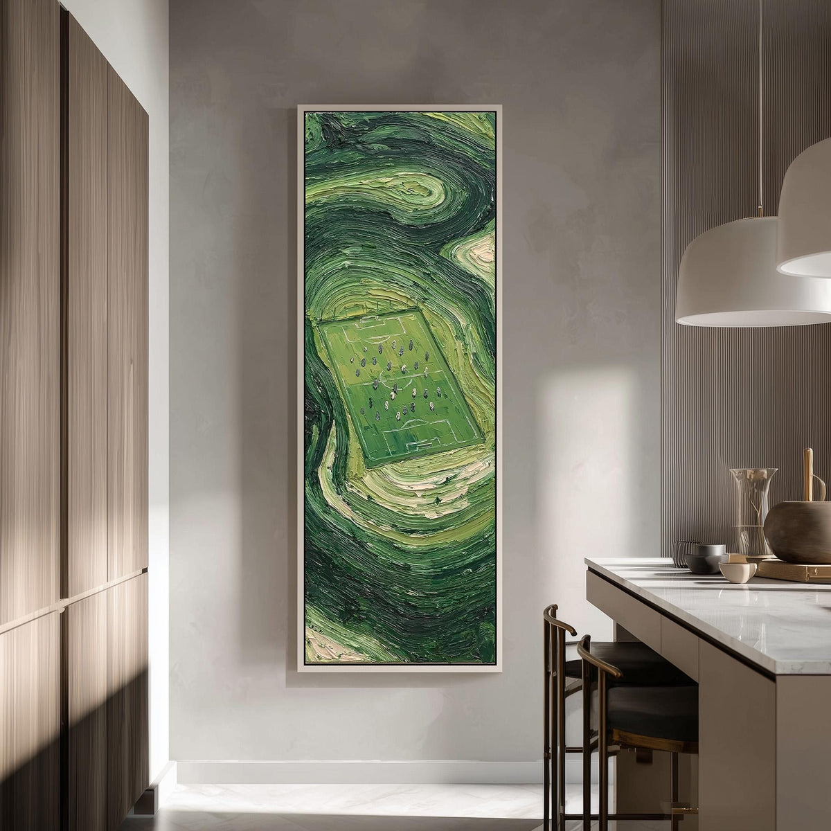 Aerial soccer field surrounded by swirling green tall skinny canvas print in a modern kitchen