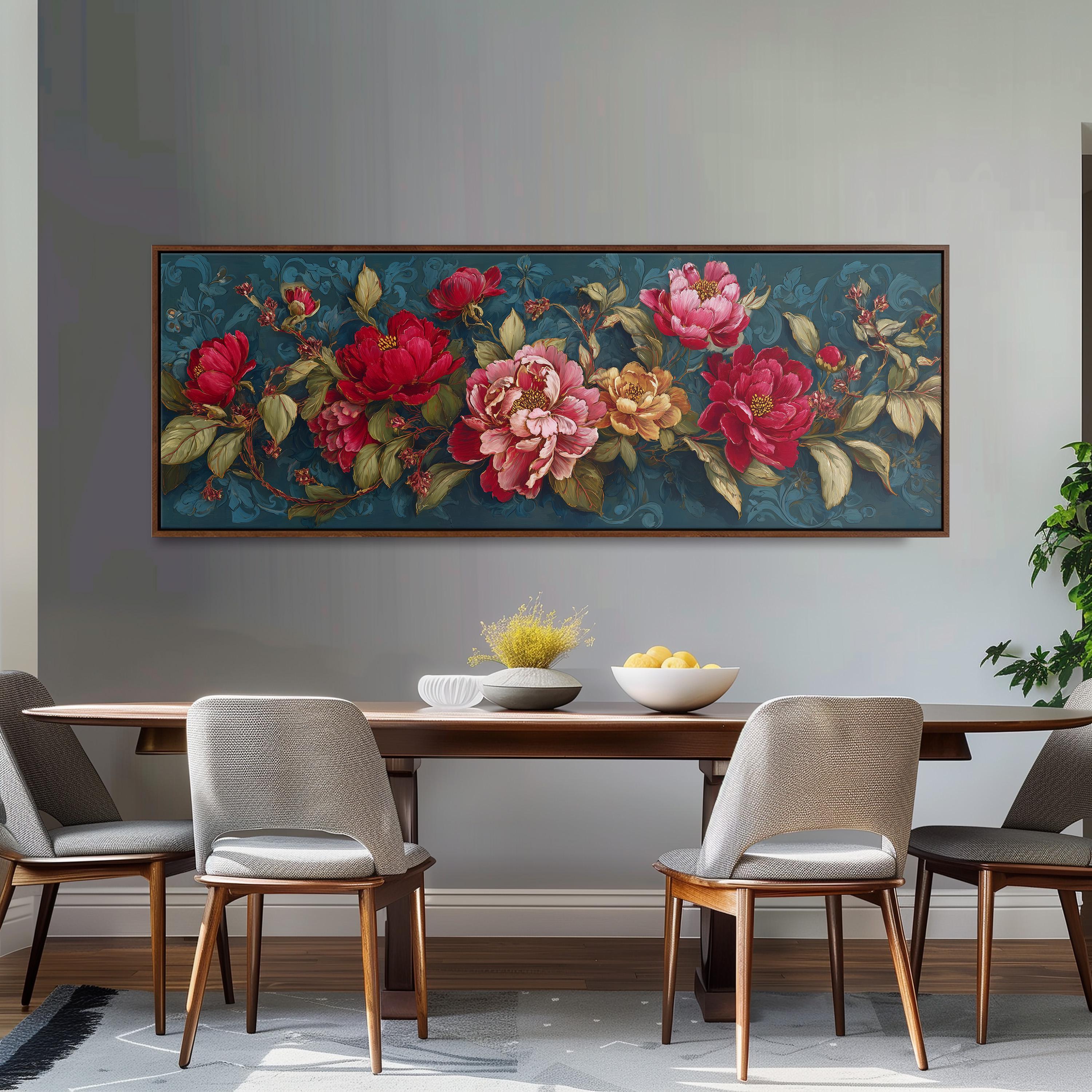 a dining room with a large floral painting hanging on the wall above a wooden table with four chairs. The table is set with a bowl of fruit and a vase of flowers, creating a cozy and inviting atmosphere.