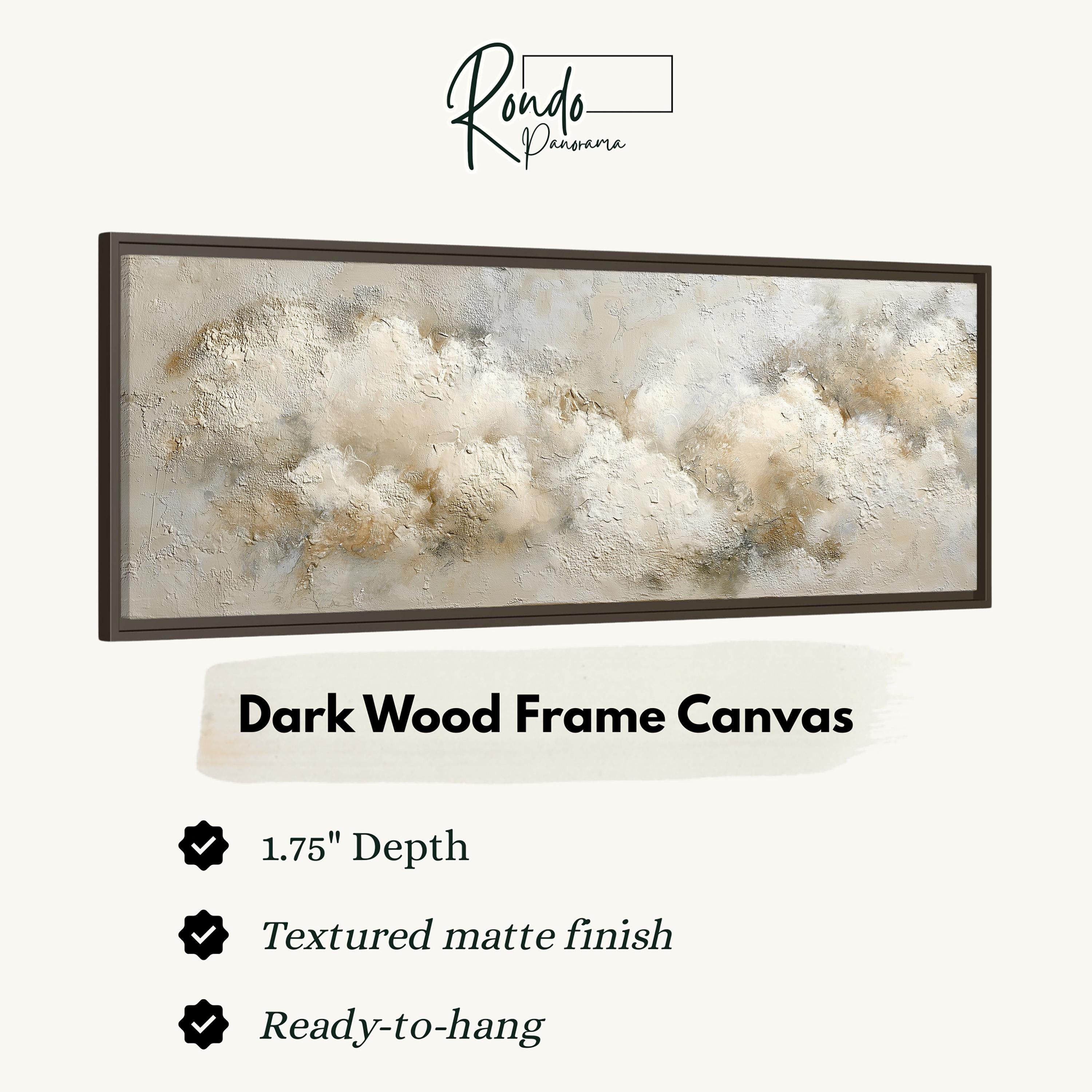 The image is a product advertisement for a dark wood frame canvas. It features a close-up of a textured matte finish canvas with a 1.75" depth. The canvas is described as textured matte finish and ready-to-hang.