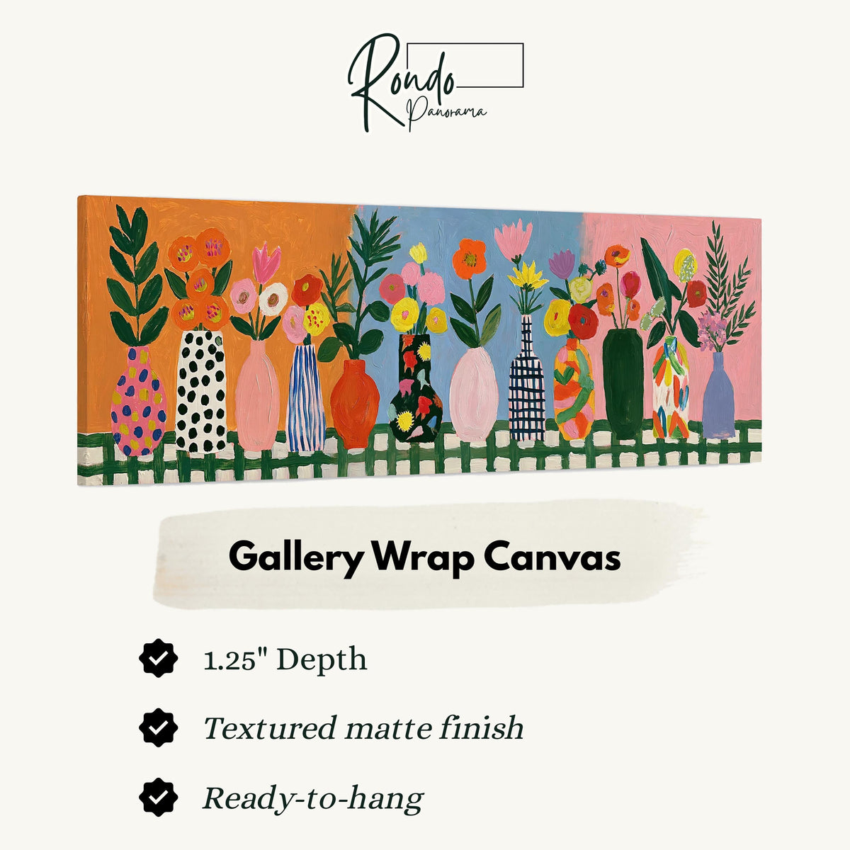 Folk art flower vases on orange and blue gallery wrap canvas with the image wrapped around the edges