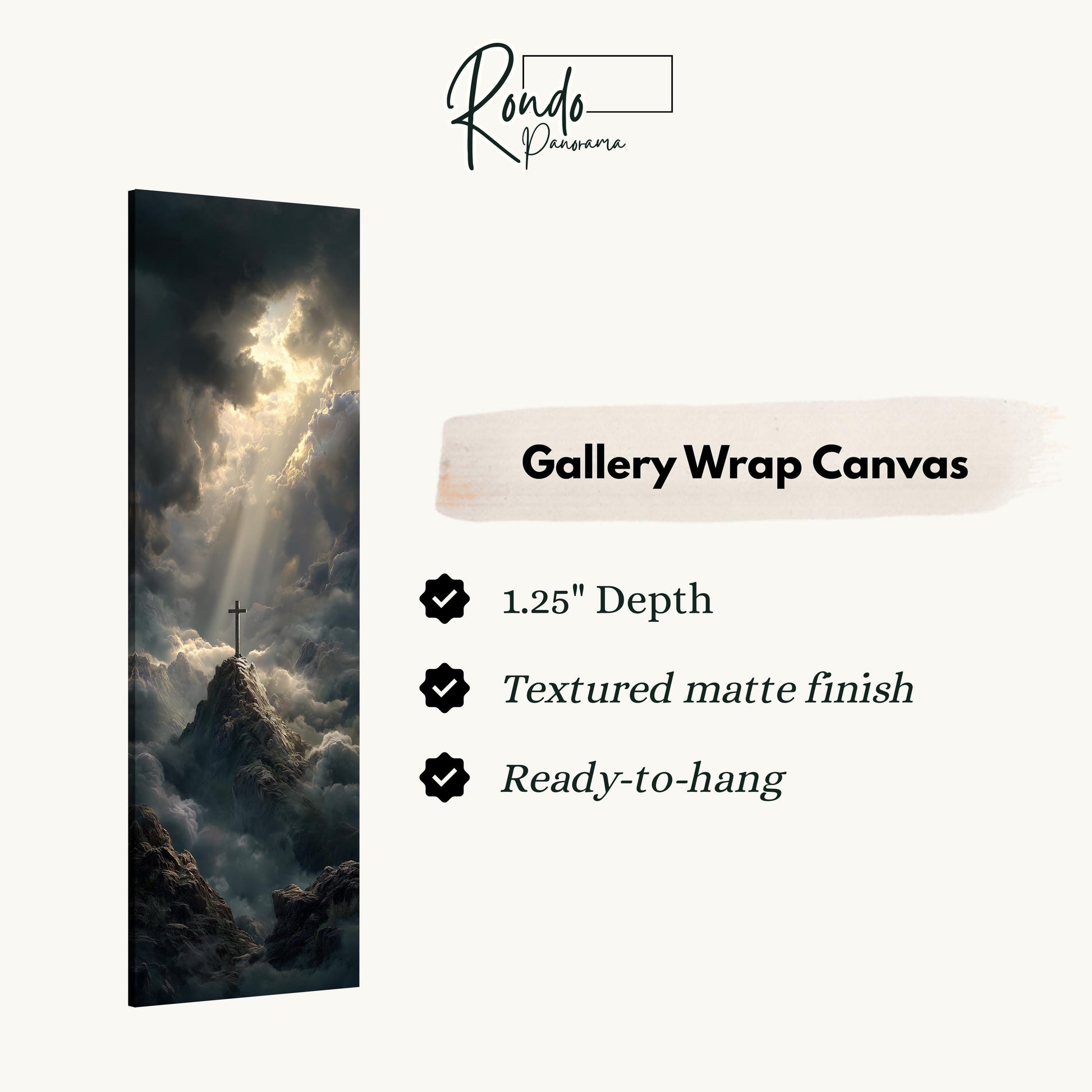 The image is a gallery wrap canvas featuring a dramatic landscape with a cross on a mountain peak, set against a backdrop of clouds and sunlight.