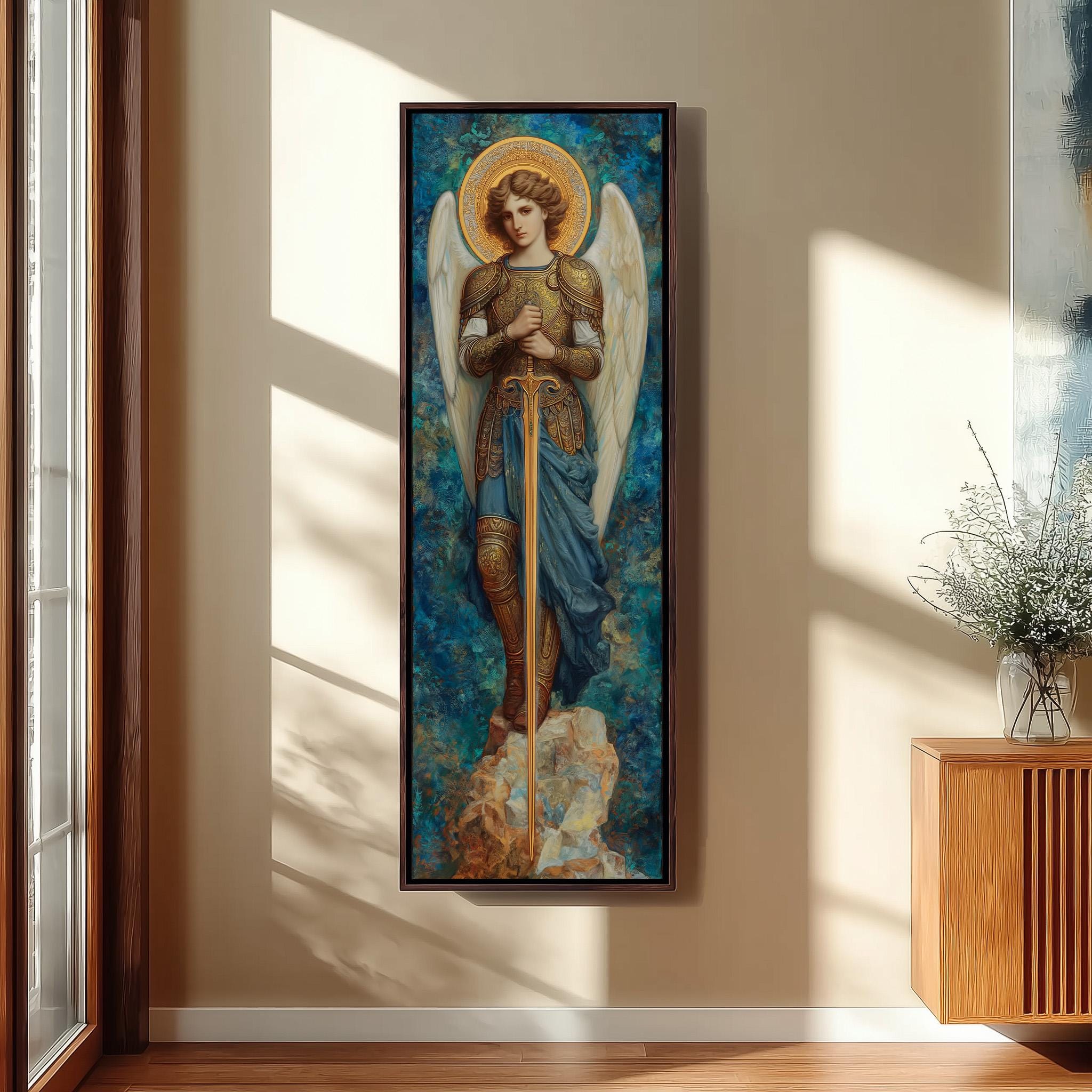 a large painting of a woman with wings, holding a sword and standing on a rock, hanging on a wall.