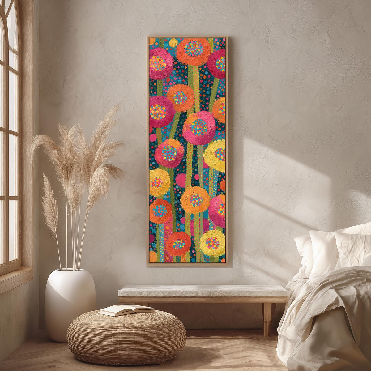 Folk art poppies made of dots long vertical canvas print in a bright reading corner