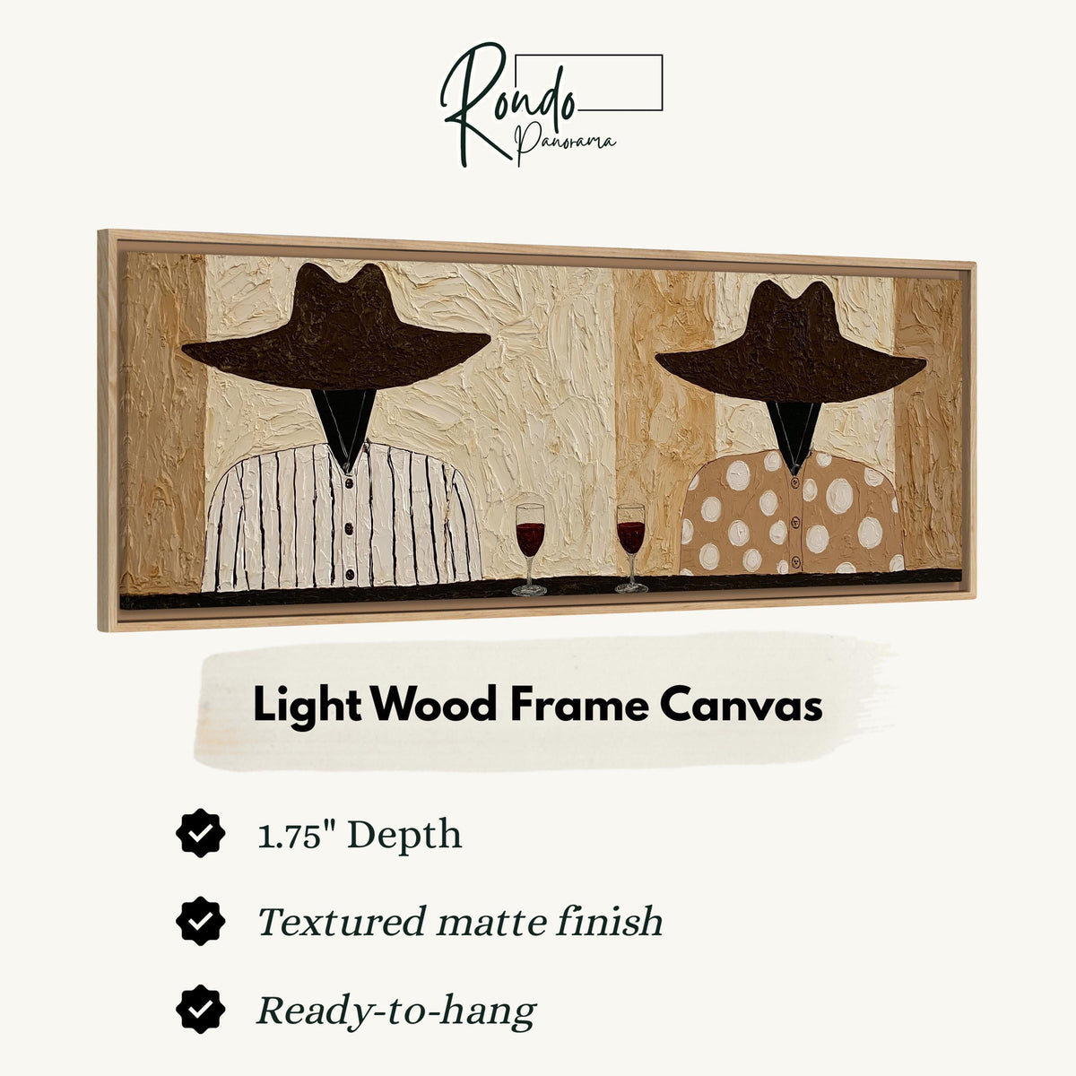 Two folk figures in hats toasting with red wine canvas print in a light wood floating frame