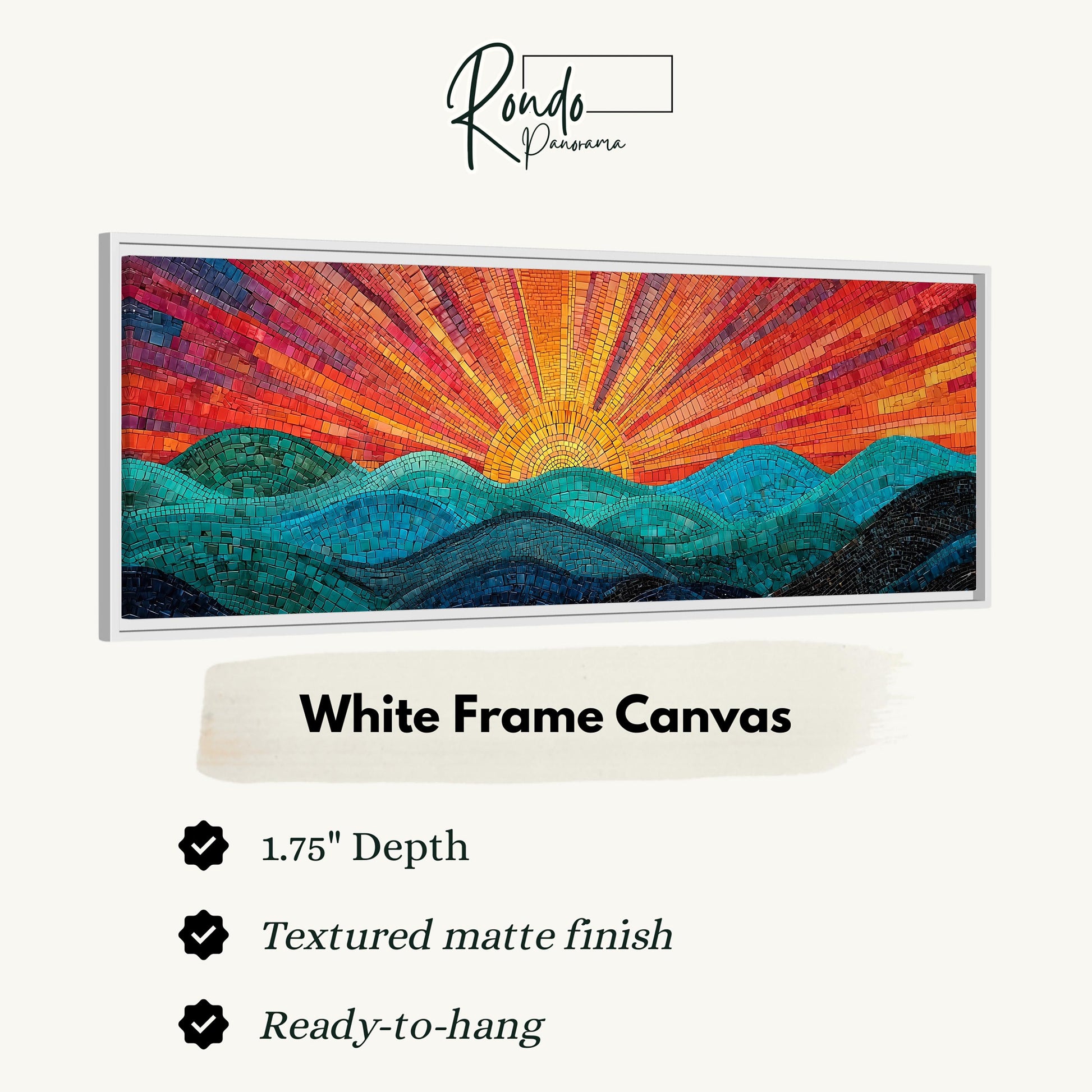 The image is a white frame canvas depicting a vibrant landscape with a sunburst pattern.