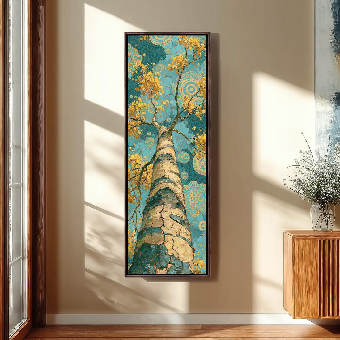 Golden birch tree rising into a mandala sky long vertical canvas print in a sunlit living space
