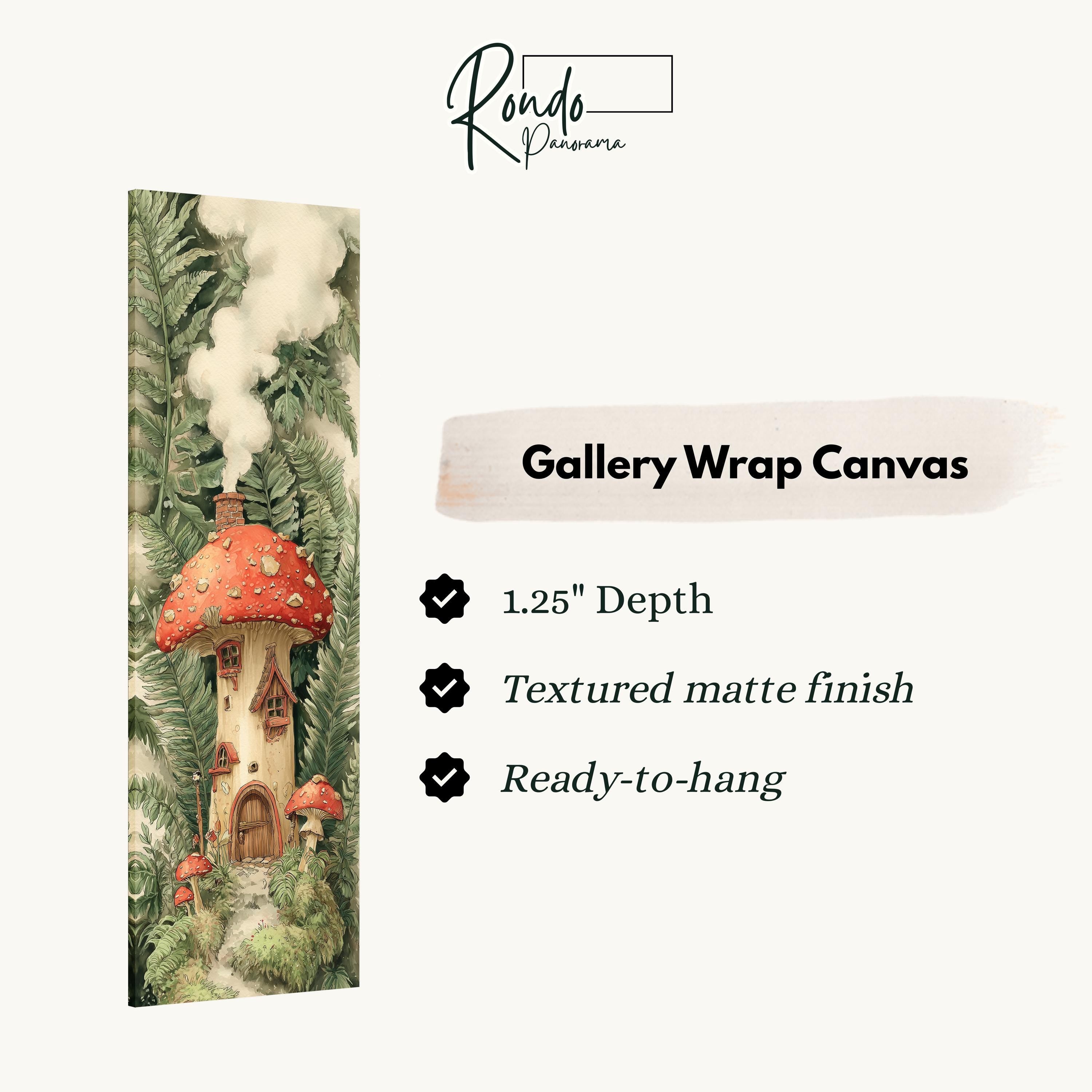 The image is a gallery wrap canvas featuring a mushroom house surrounded by lush greenery.