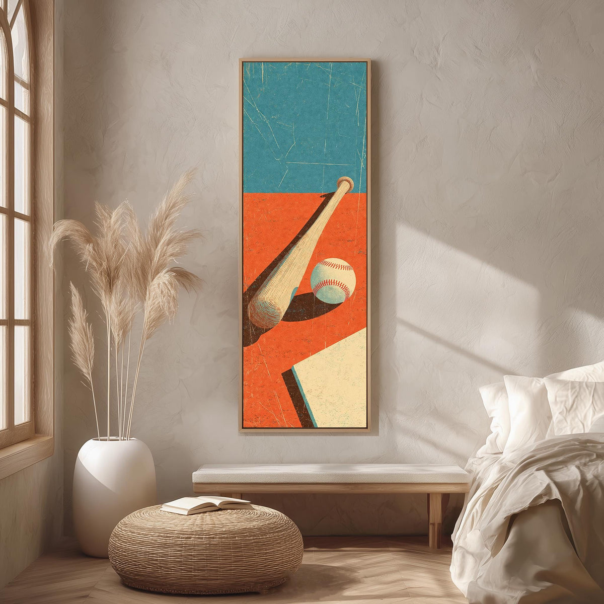 Retro baseball bat and ball long vertical canvas print in a bright reading corner