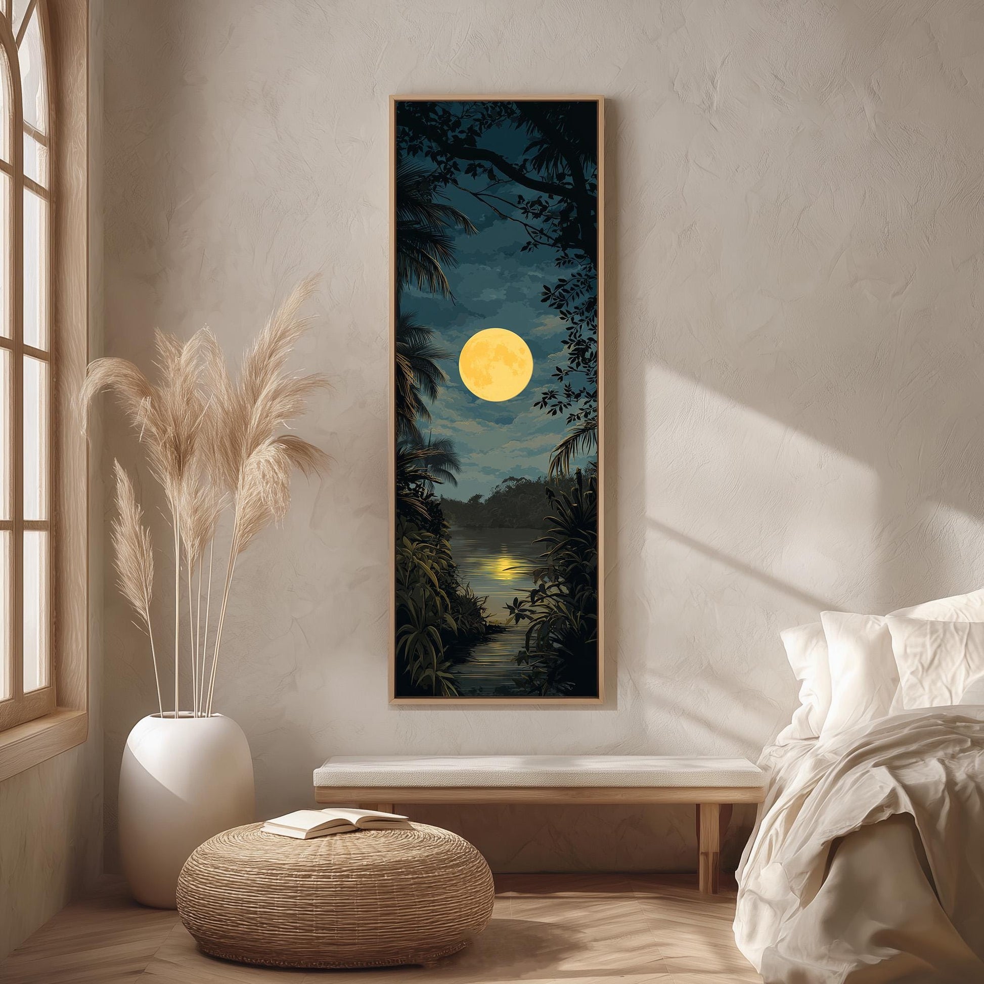 a serene bedroom scene with a large window, a painting of a tropical landscape, a white bench, and a woven ottoman.