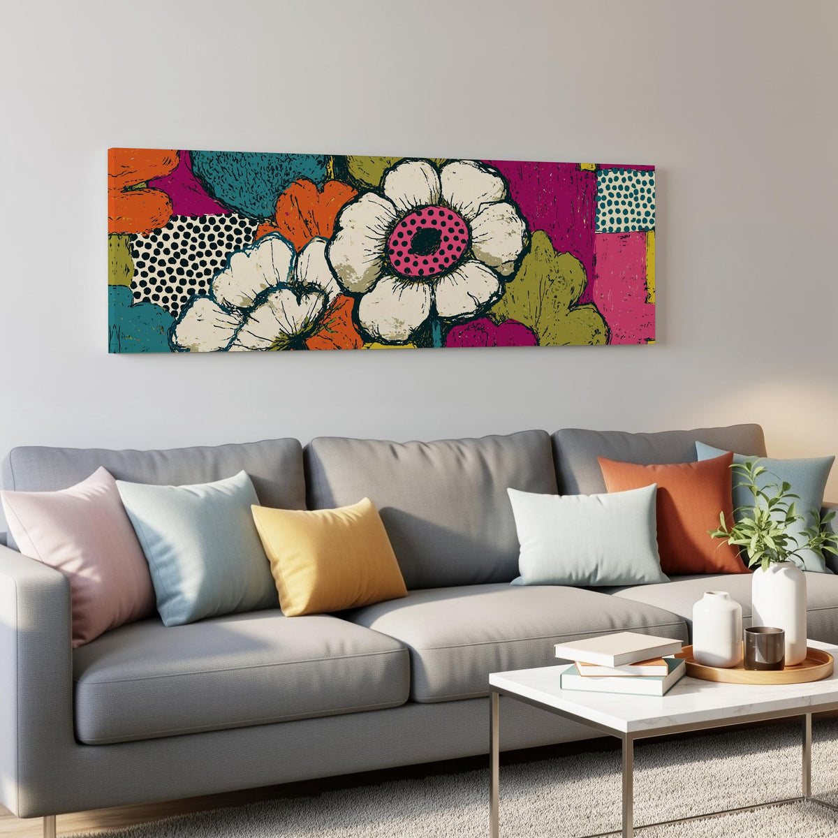 Bold pop blossoms panoramic canvas print above a grey sofa in a living room