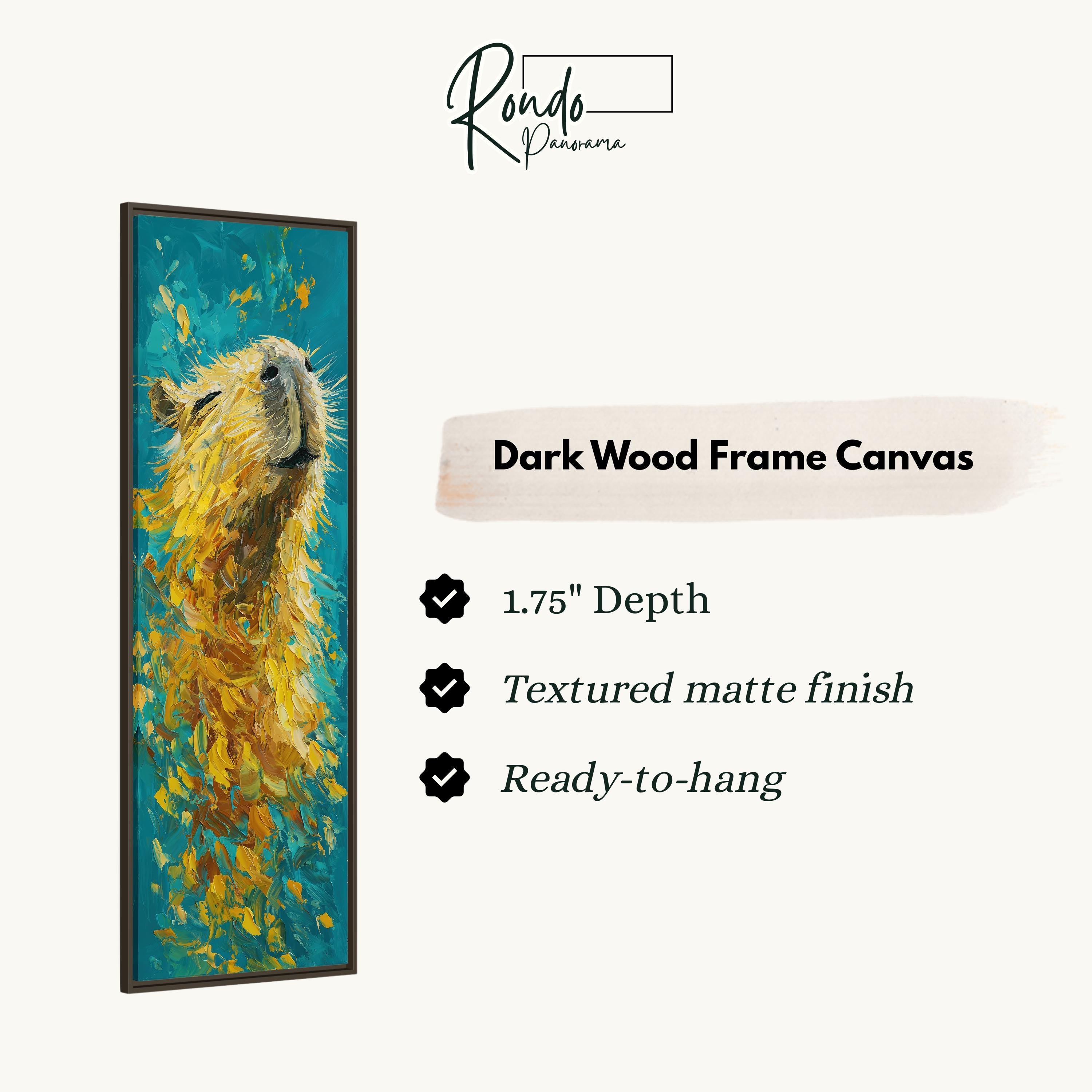 The image is a dark wood frame canvas featuring a painting of a yellow animal with a textured finish.