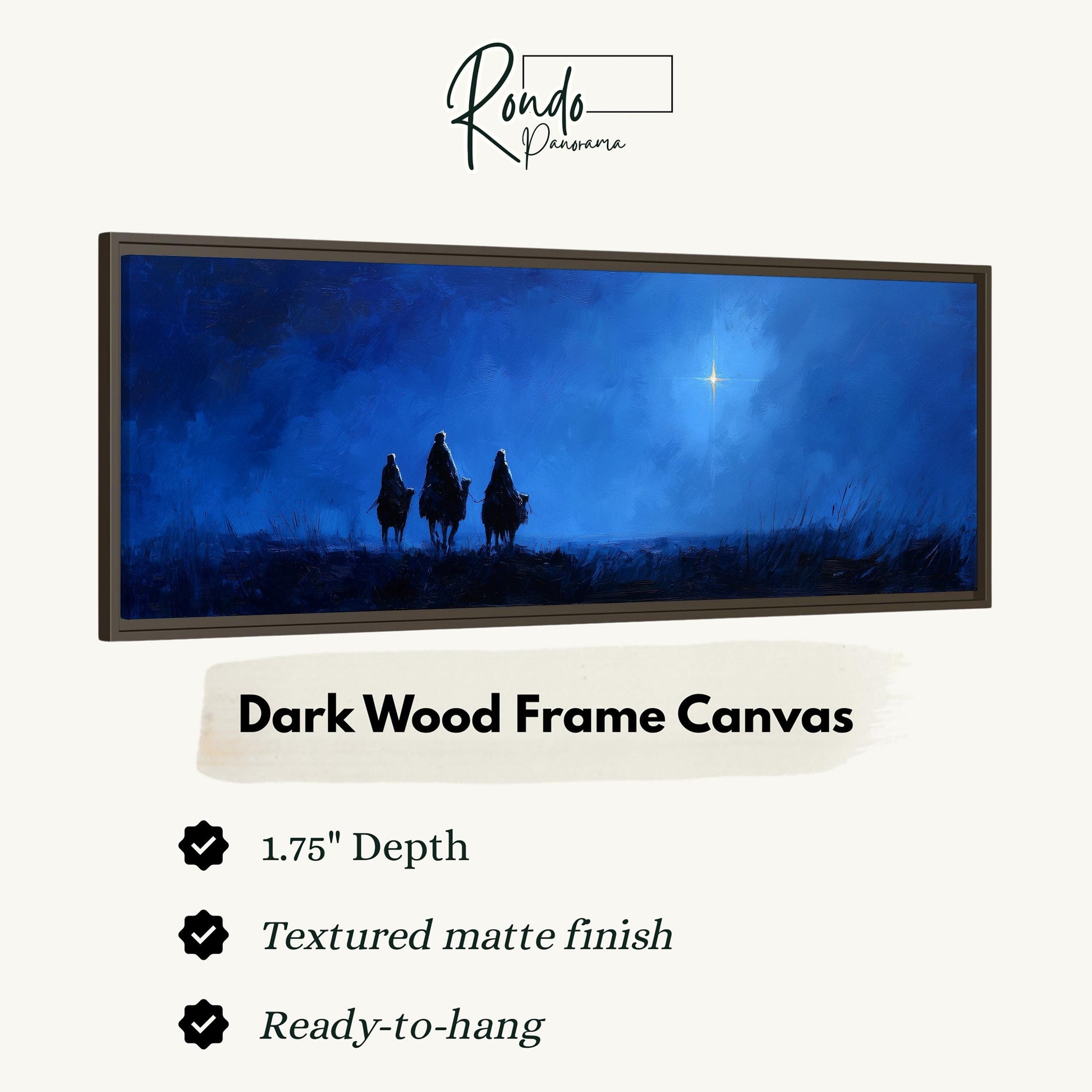 The image is a dark wood frame canvas depicting three figures on horseback in a field at night, with a bright star in the sky.