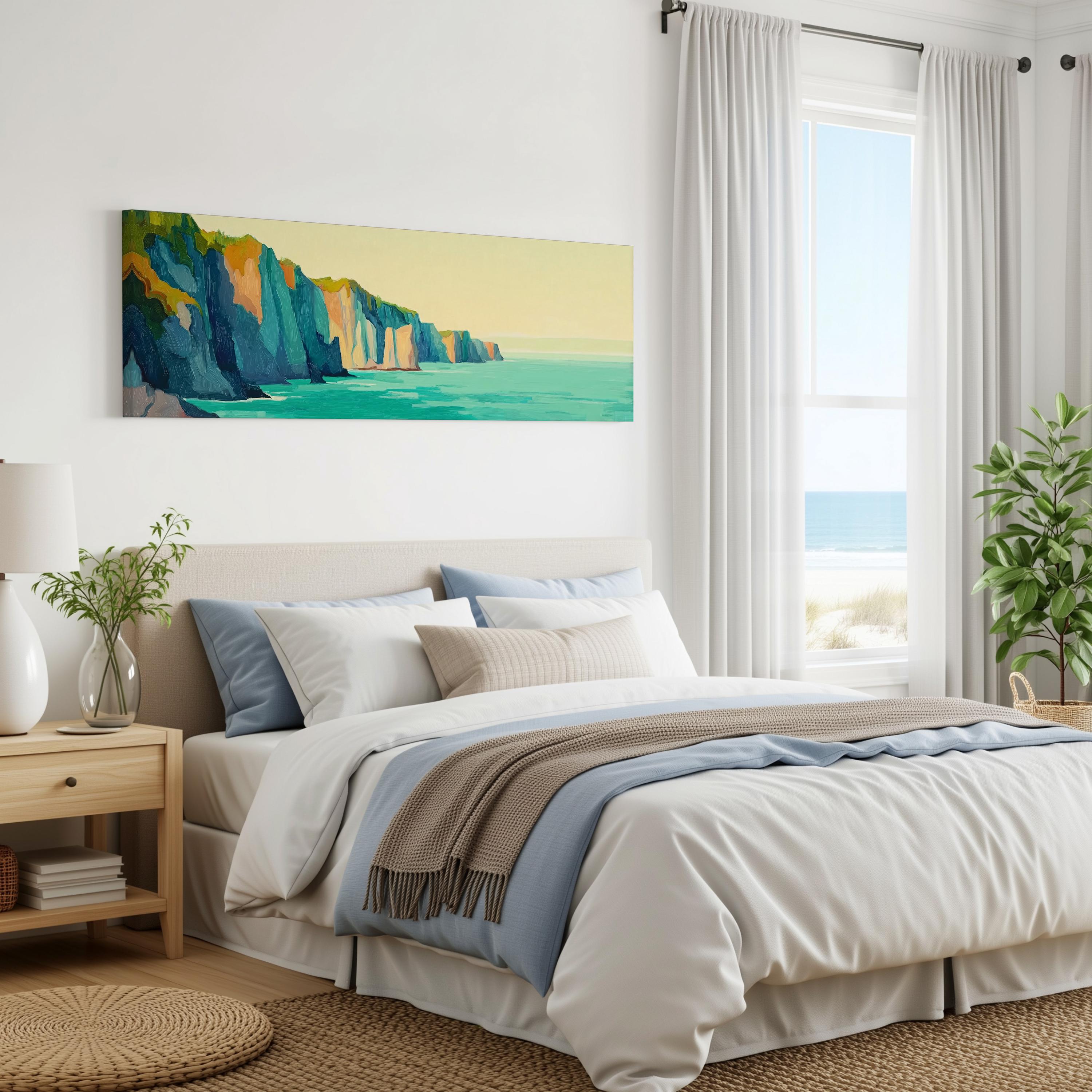 a serene bedroom with a large bed, a nightstand, and a painting of a cliff overlooking the ocean. The room has a calming and peaceful atmosphere, with natural light coming in through the window and a view of the beach.