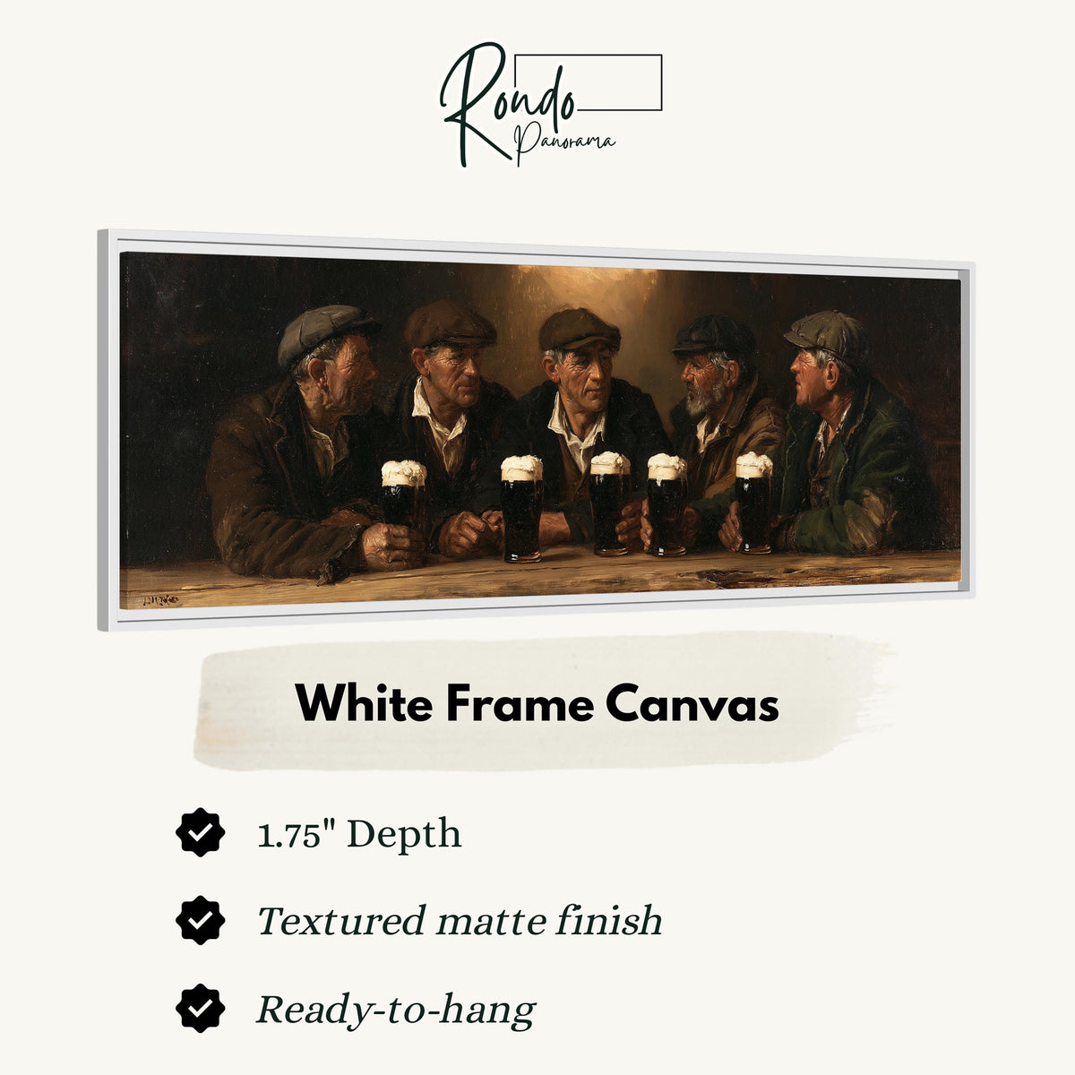 Friends toasting with stout in an Irish pub canvas print in a white floating frame