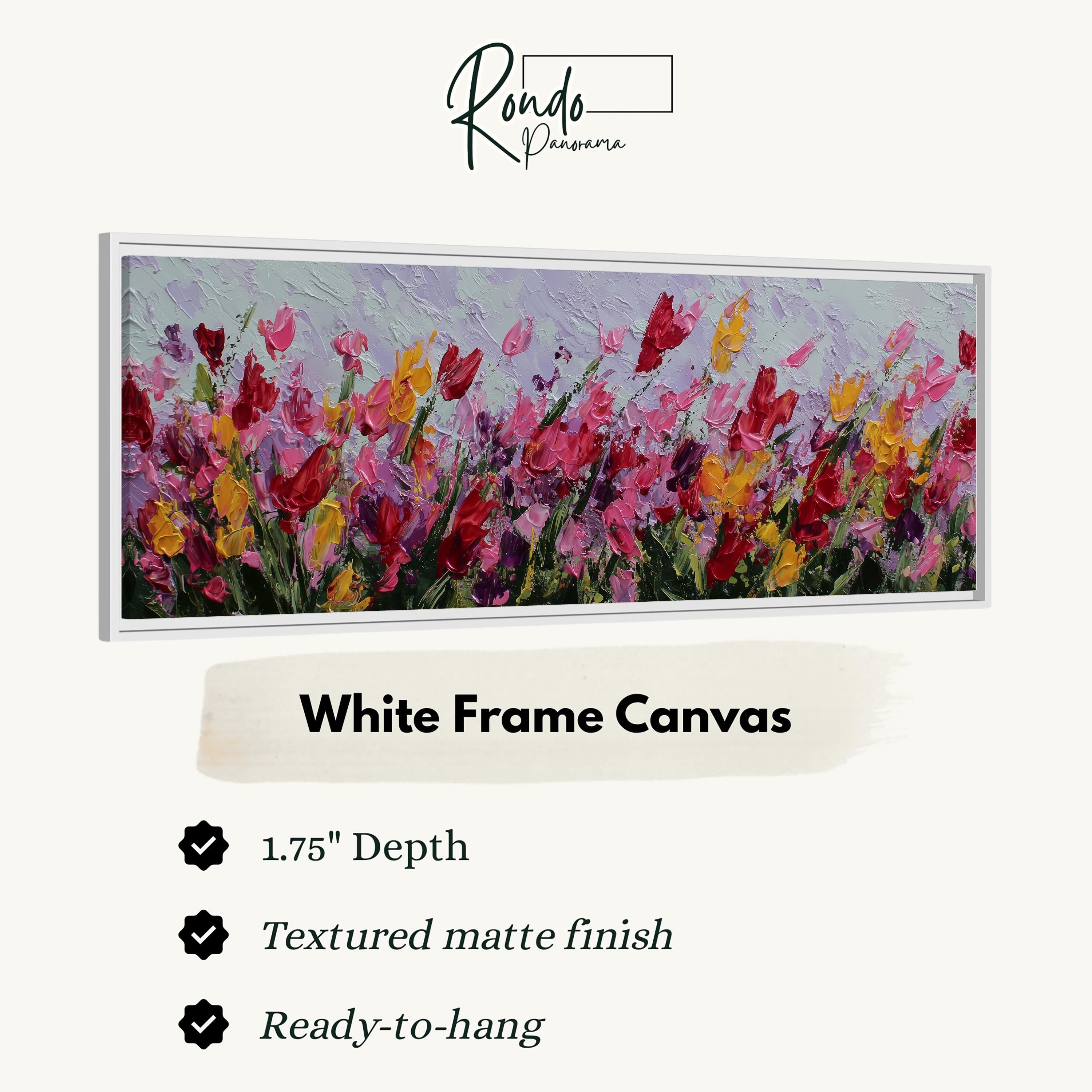 The image is a white frame canvas featuring a painting of a field of colorful flowers, including red, yellow, and pink blooms.