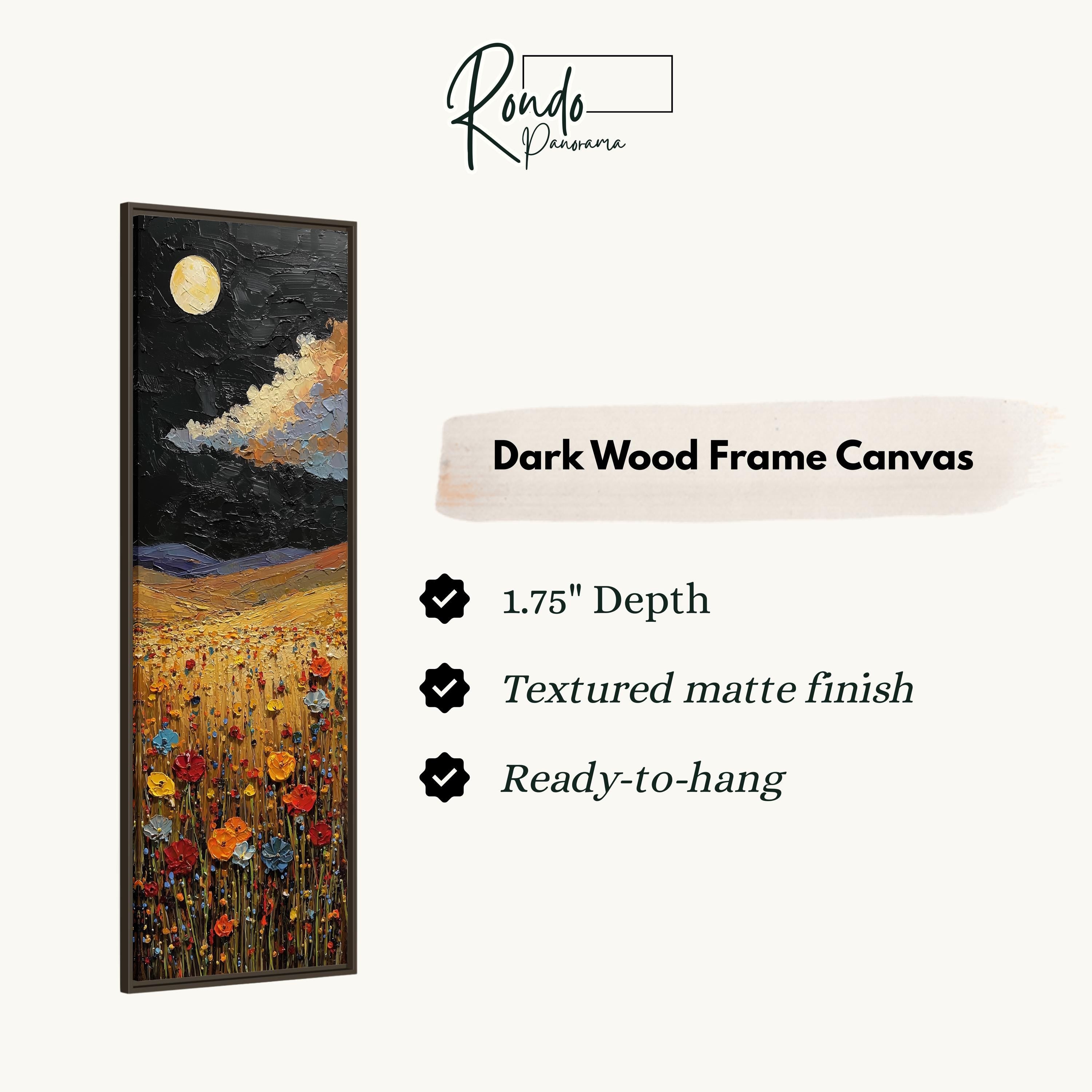 The image is a dark wood frame canvas depicting a field of flowers under a night sky.