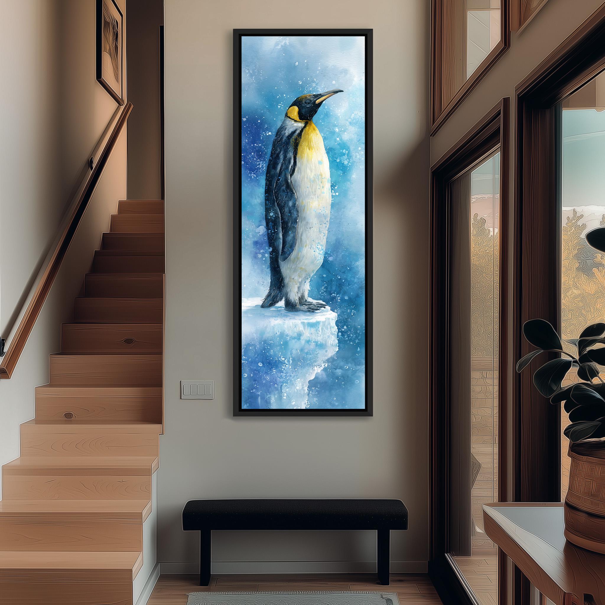 a large painting of a penguin standing on a snowy surface, with a blue background and white snowflakes. The painting is hanging on a wall in a hallway, and there is a bench in front of it.