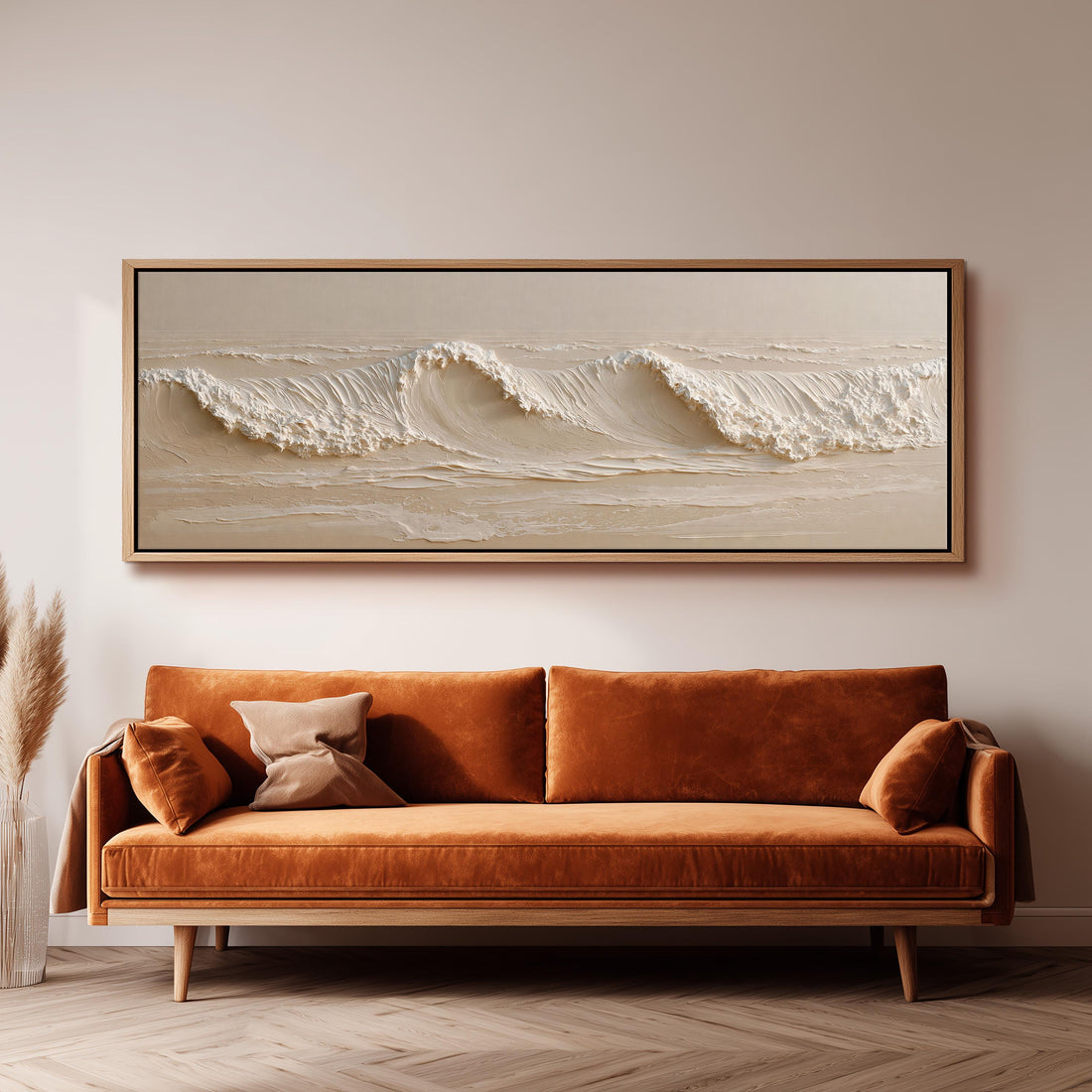 Sculpted cream ocean waves long horizontal canvas print above a sofa in a living room
