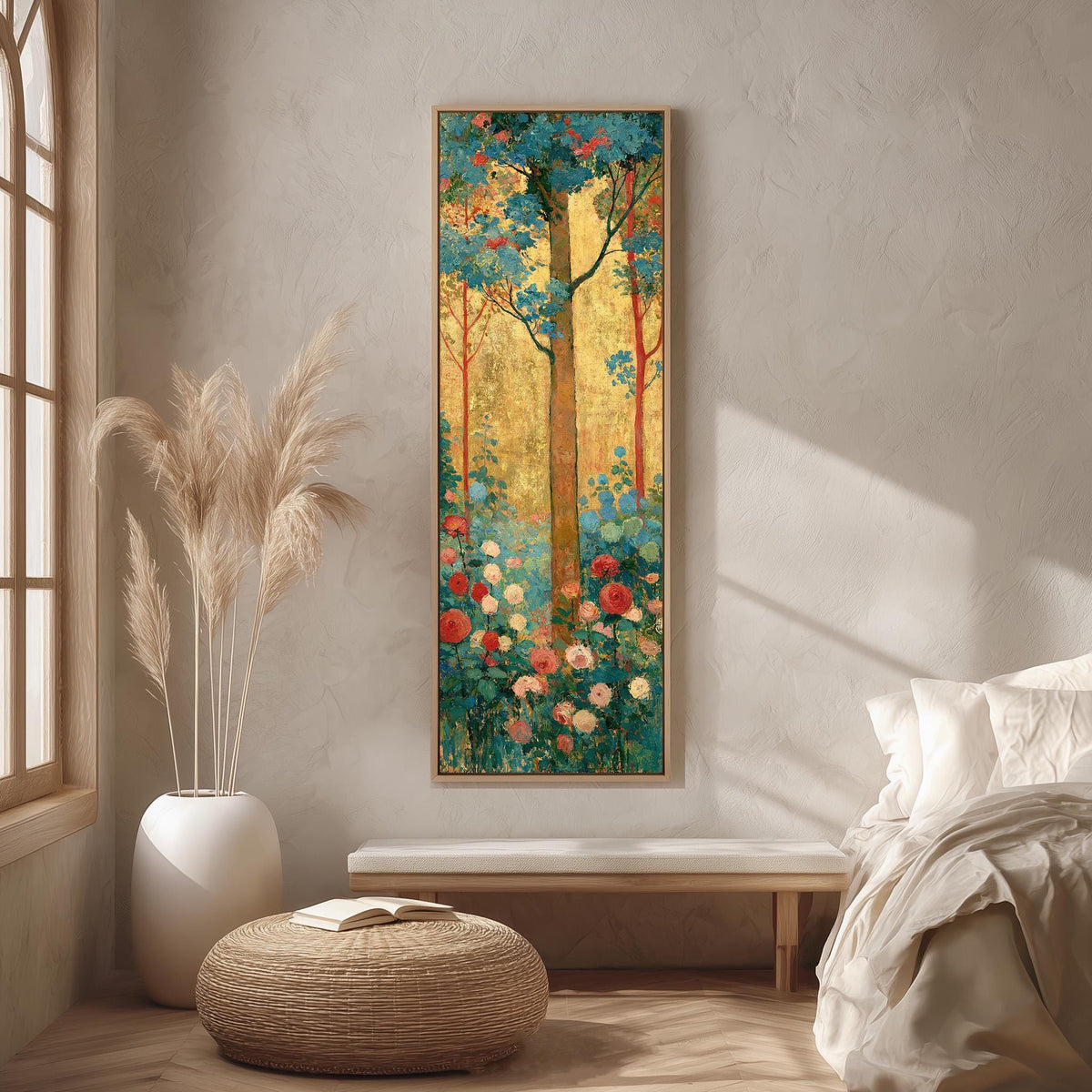 Golden tree with roses in an Art Nouveau style long vertical canvas print in a bright reading corner