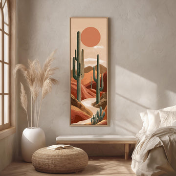 a serene desert landscape with a large cactus painting hanging on the wall, a white bench, a woven ottoman, and a window with a plant in a white pot.