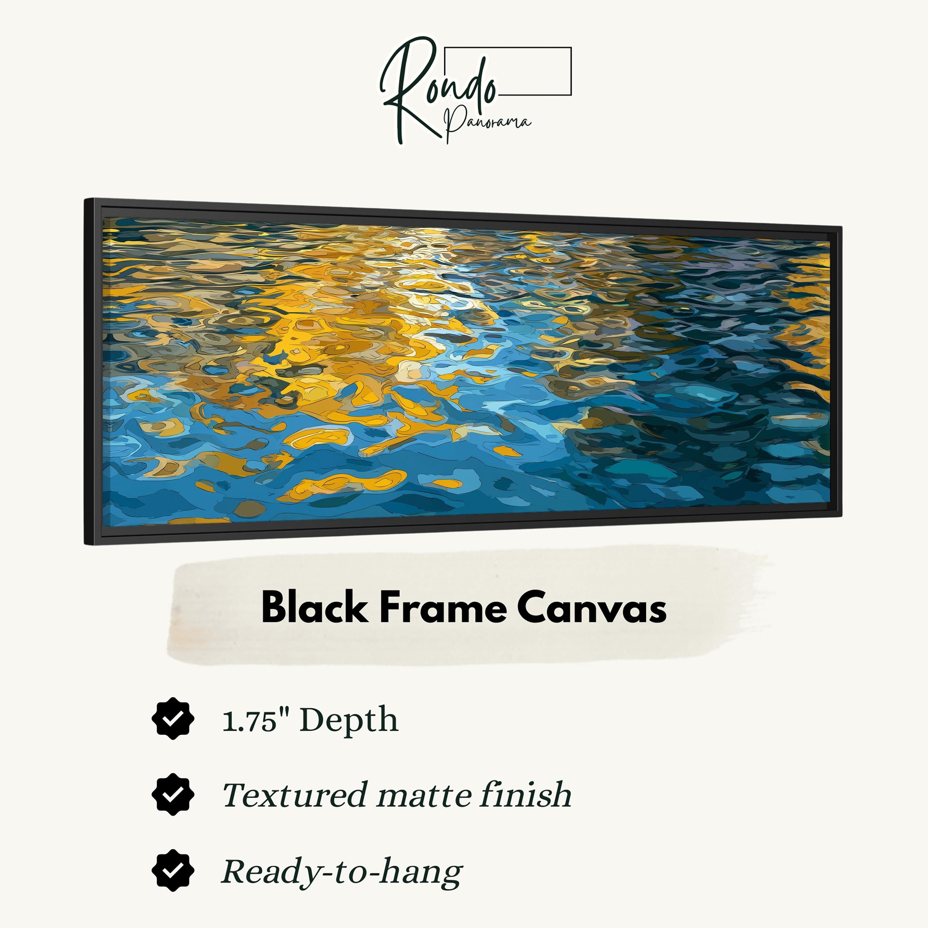 The image is a black frame canvas with a textured matte finish, measuring 1.75" in depth. It is ready to hang and has a textured matte finish.